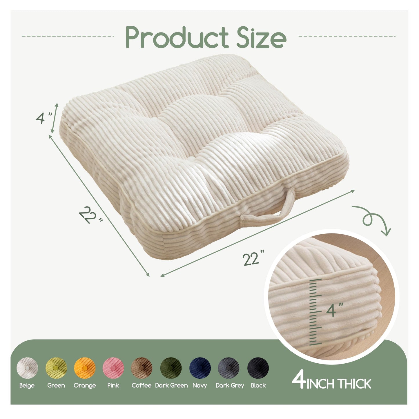 HIGOGOGO Floor Pillow Cushion for Adults, Meditation Cushion Pillow, Large Square Floor Sitting, Tufted Corduroy Cover, for Tatami Living Room or Yoga, 22x22 Inch, Beige