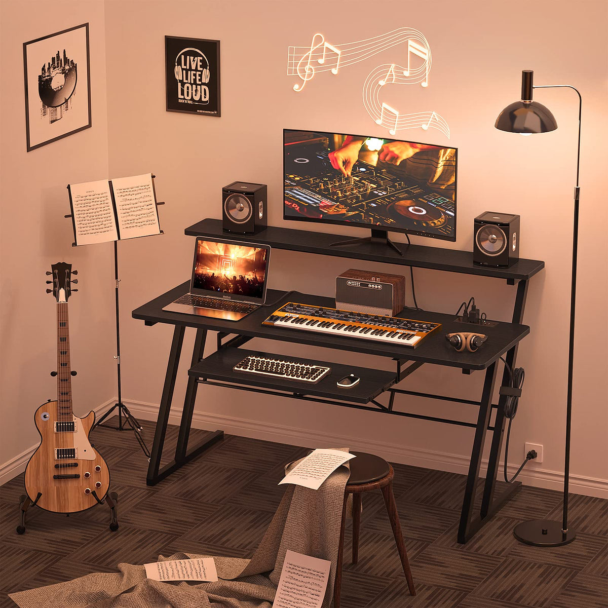 Music Studio Desk Production Workstation - Recording Studio Desk for Producer with Power Outlet, Studio Workstation for Music Recording, Home Studio Table Desk, Black