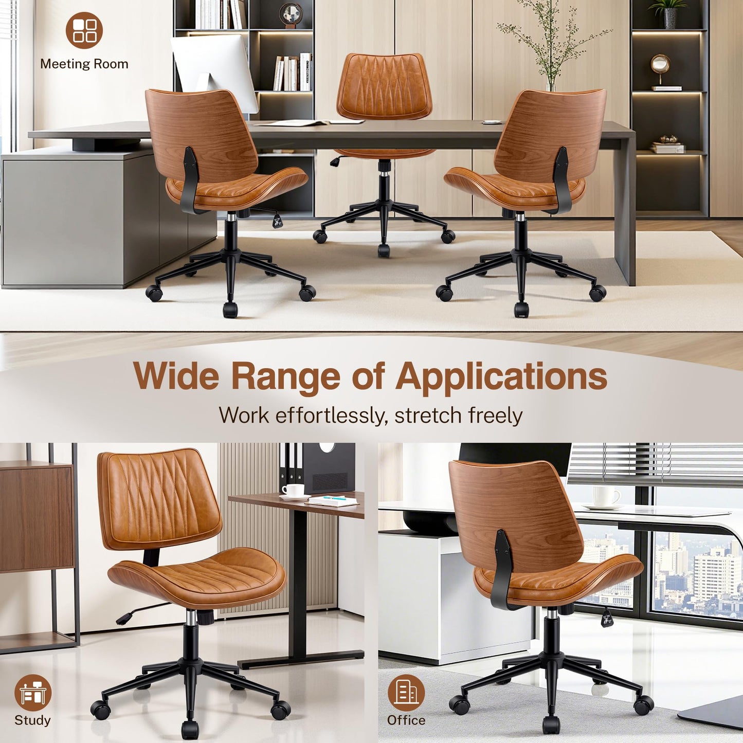 Ergonomic Armless Office Desk Chair - Mid-Century Retro Orange Faux Leather with Diamond Stitch, Adjustable Height Swivel Rolling Task Computer Chair with Walnut Accent for Home Office, Study & Work