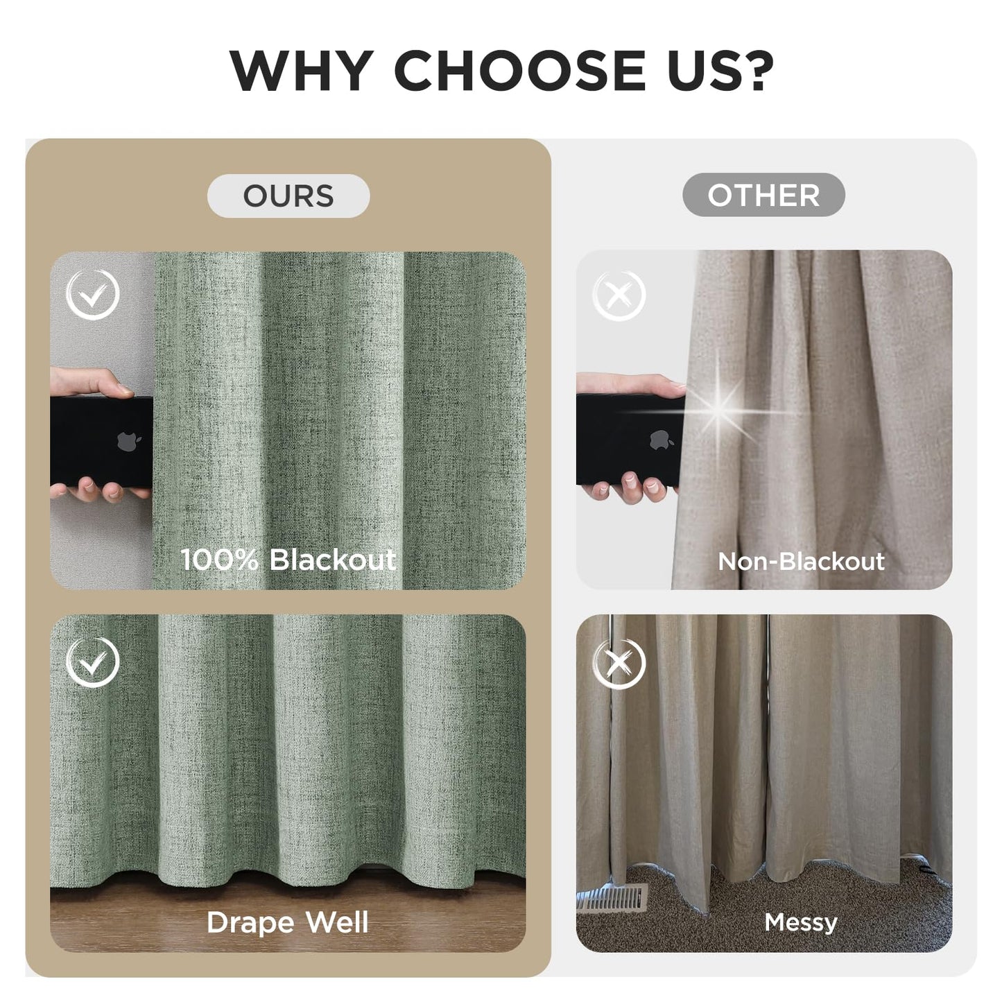 Joydeco Pinch Pleated Curtains - 100% Blackout for Bedroom, Sage Green Linen Curtains 40" W x 90" L, Thermal Insulated 2 Panels Light Blocking Drapes, Back Tabs for Living Room