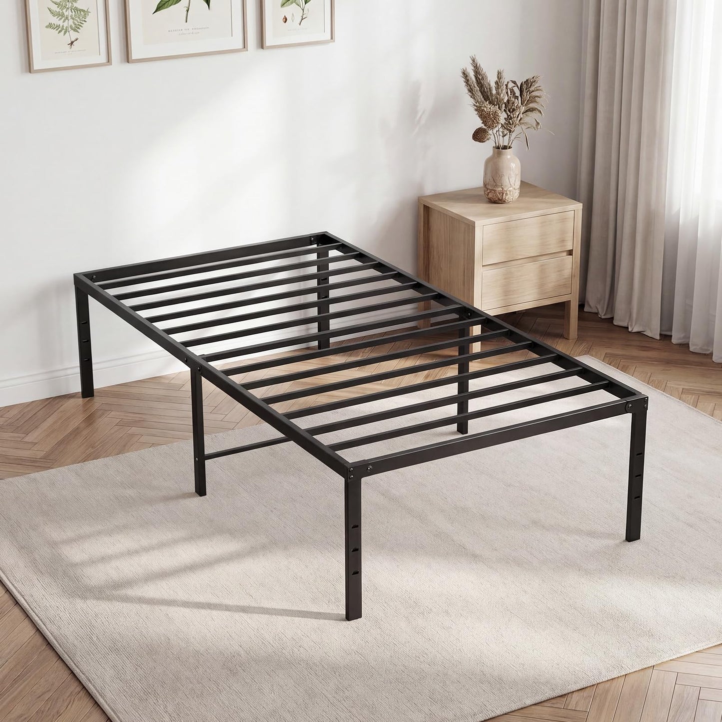 DUMOS Twin XL Size 16 Inch Bed Frame - Metal Platform Bed Frame Mattress Foundation with Steel Slat Support, No Box Spring Needed, Storage Space Under Base, Easy Assembly, Black