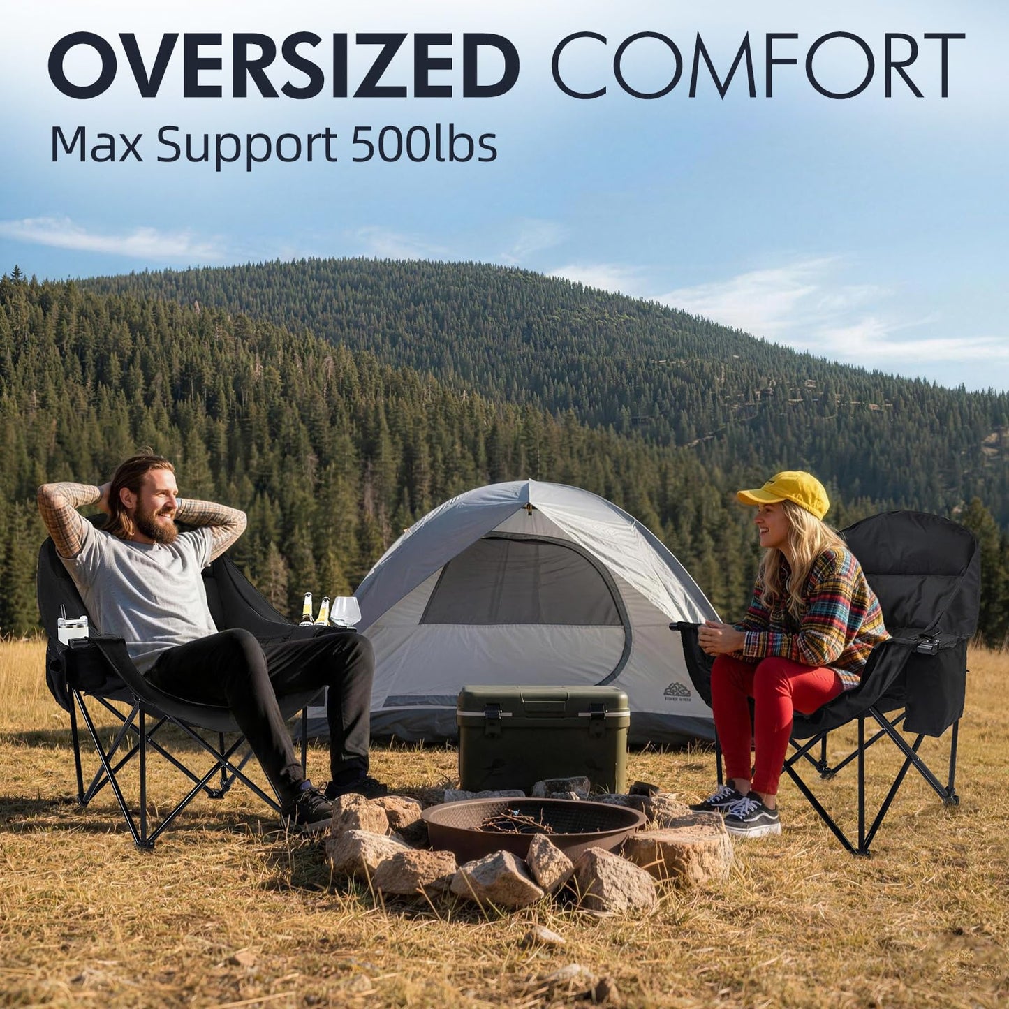 Oversized Camping Chair for Adults - Heavy Duty Outdoor Padded Large Lawn Camp Chair with Cup Holder Cooler Pockets for Sports Beach Fishing Garden Portable Supports 500lbs, AllBlack 2 Pack
