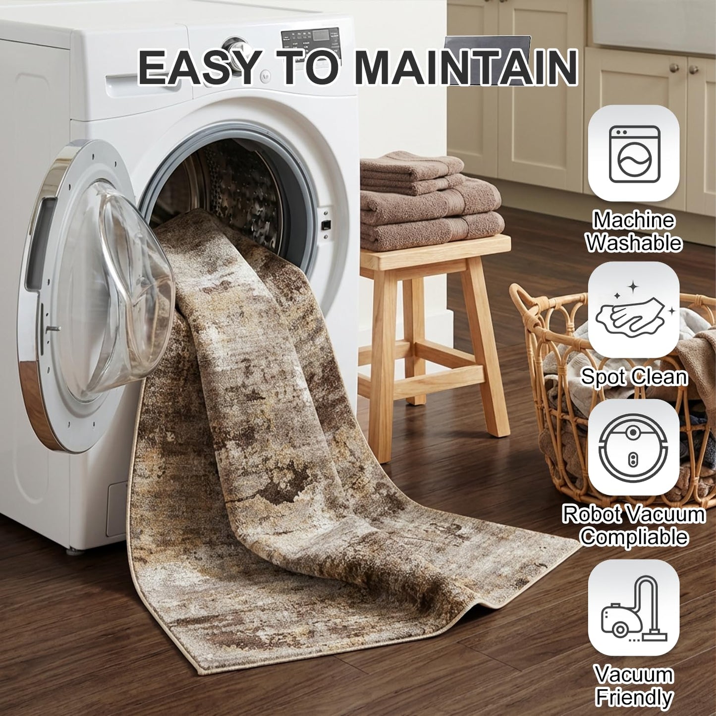 Cnythlis 5'x7' Low Pile Area Rug for Home Office, Washable Abstract Carpet Robot Vacuum Compatible 0.26 Inch Non Slip Under Desk Dining Room Mat, Brown