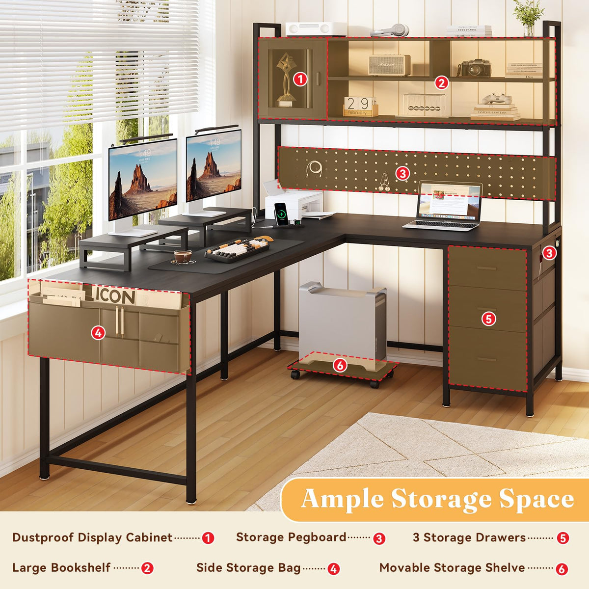 Lazmvlz L-Shaped Computer Desk with Charging Station and Light Strip, Gaming Desk with Pegboard & Storage Shelves, Corner Table with 3 Drawers, Monitor and Computer Tower Stand for Home Office, Black