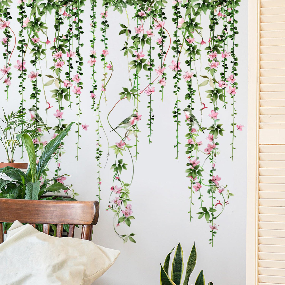 4 Sheets Hanging Vines with Flowers Wall Decals Green Plant Leaves Wall Stickers Pink Cherry Blossom Vine Wall Art Hanging Flower Tree Branches Bird Wall Murals for Kids Bedroom Nursery Decoration 20