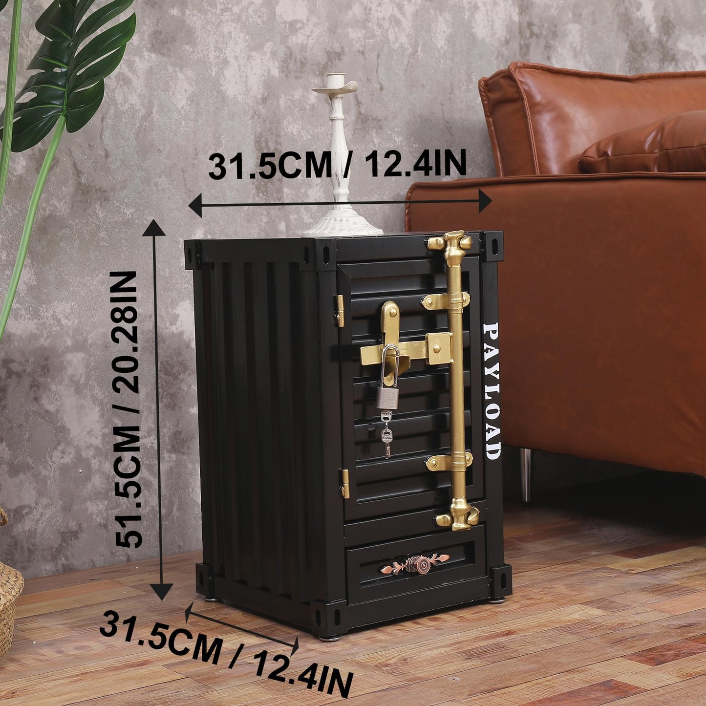 Runeqxar Industrial Shipping Container Nightstand - 20 Inch 3-Tier Iron Bedside Table with Drawer, Handcrafted Rustic Distressed Metal End Table for Bedroom, Bar, Garage (Black)
