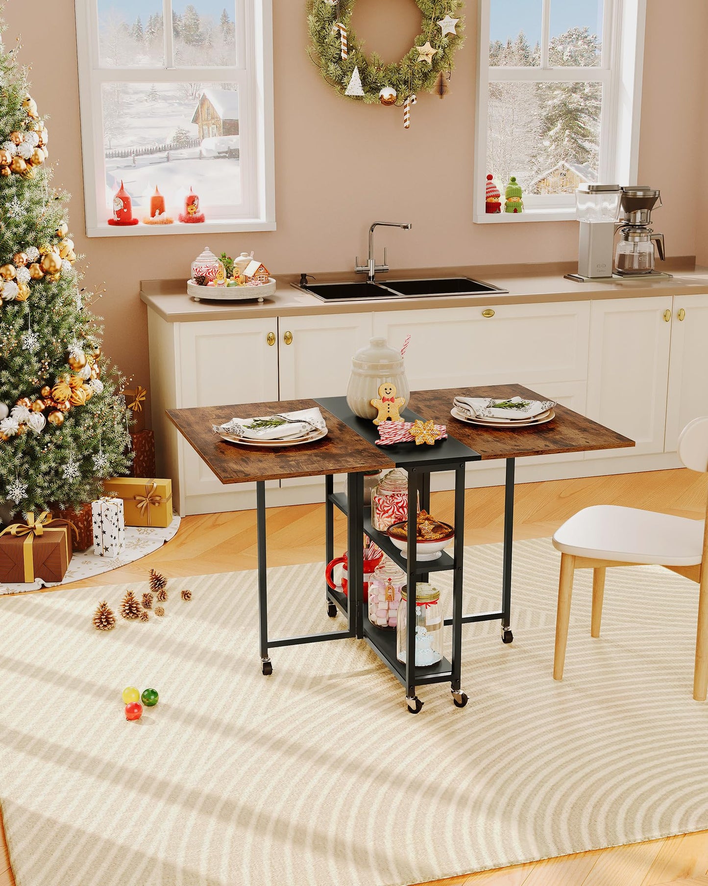 CHOEZON Folding Dining Table, Movable Dining Table, Expandable Kitchen Table, Versatile Table with 6 Wheels and 2-Tier Shelf, for Dining, Living Room, Apartment, Rustic Brown TCZ01BF