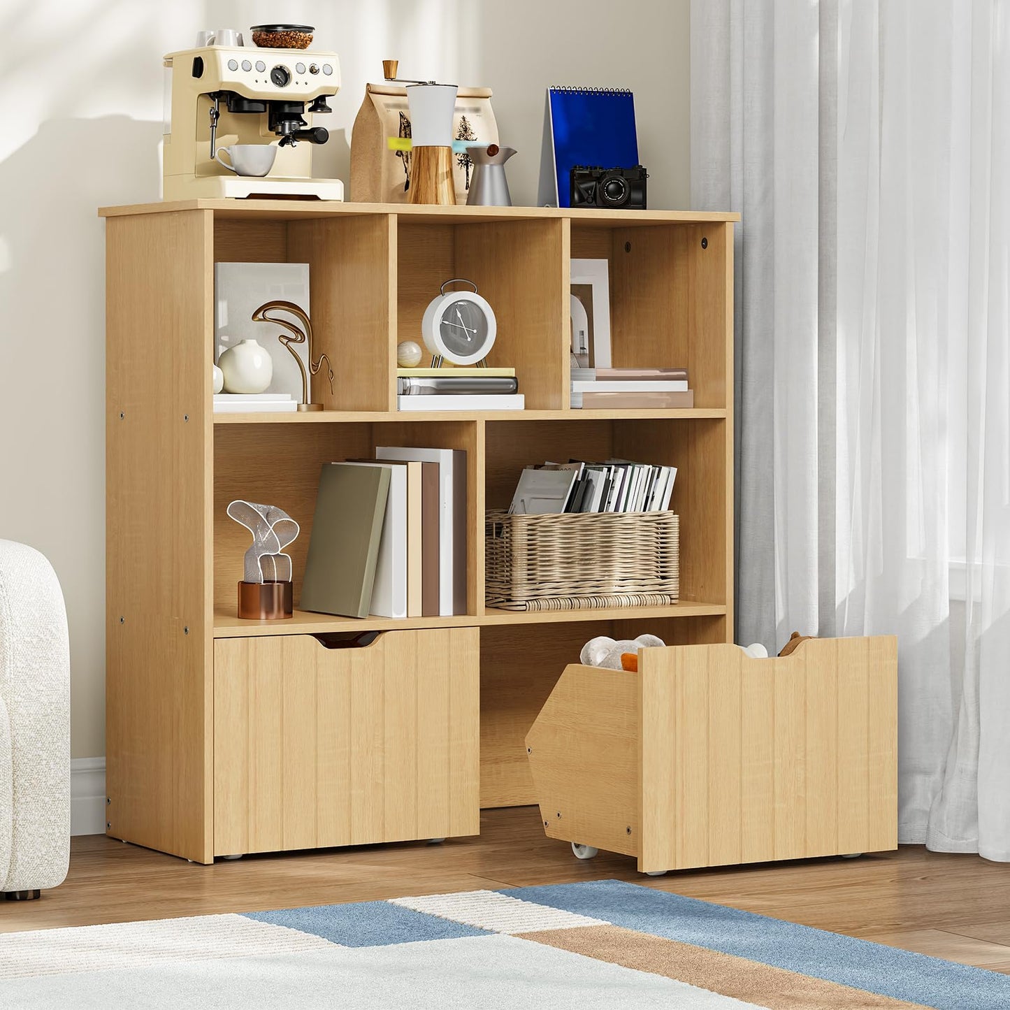 HOOBRO Toy Storage Organizer, Toy Organizers and Storage with 2 Movable Drawers and 5 Cubbies, Kids Bookshelf and Toy Storage for Books or Dolls, Toy Shelf for Playroom, Natural NL88CW01