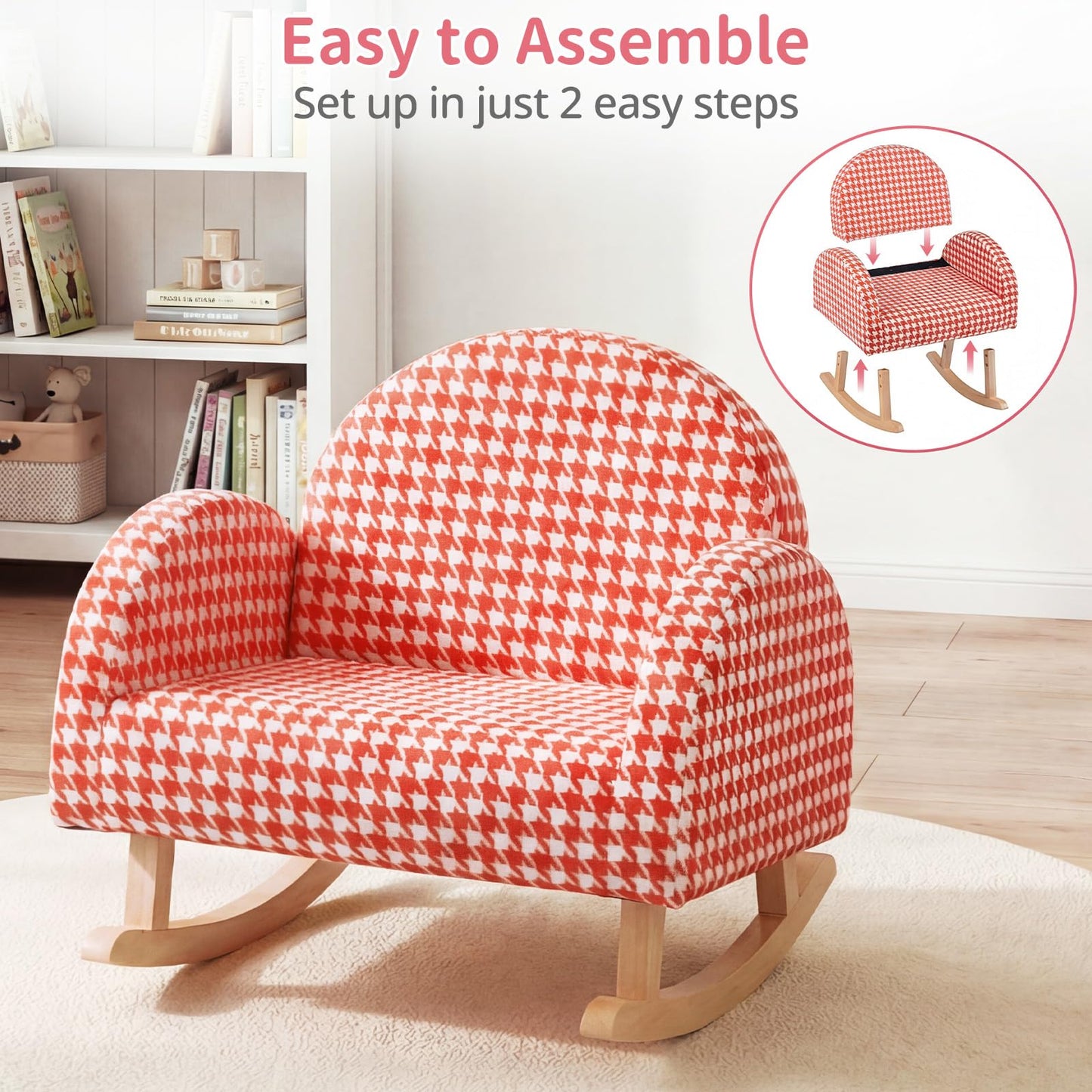 INFANS Kids Sofa, Toddler Rocking Chair with Solid Wooden Frame, Anti-Tipping Design, Plush Fabric, Children Armchair for Nursery Kindergarten Gift for Boys Girls (Rocking Chair, Orange)