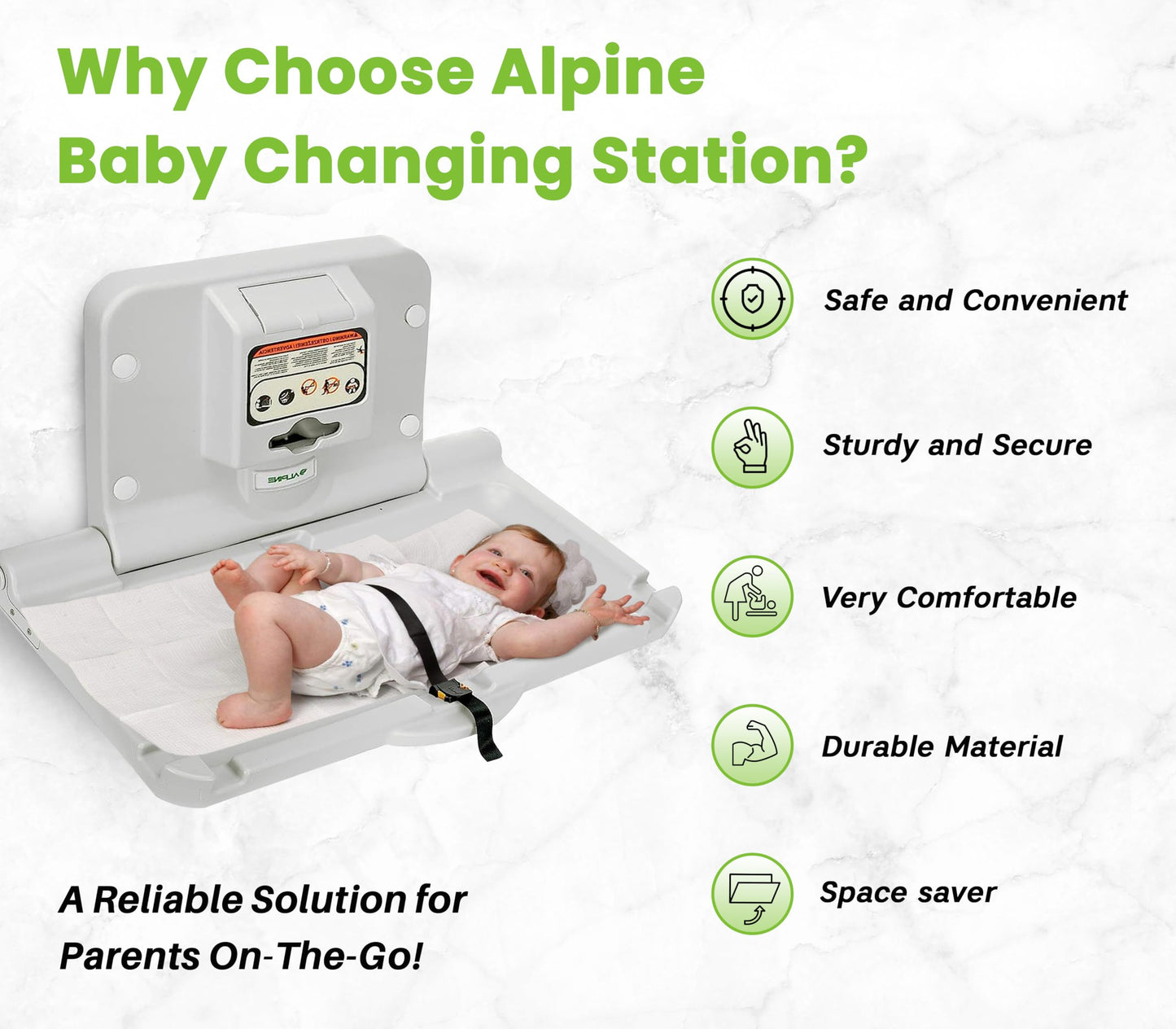 Alpine Wall Mounted Baby Changing Station - Horizontal Baby Changing Table Foldable Diaper Tables with Safety Strap for Commercial Bathroom, ADA Complaint (Hardware Included) White Gray