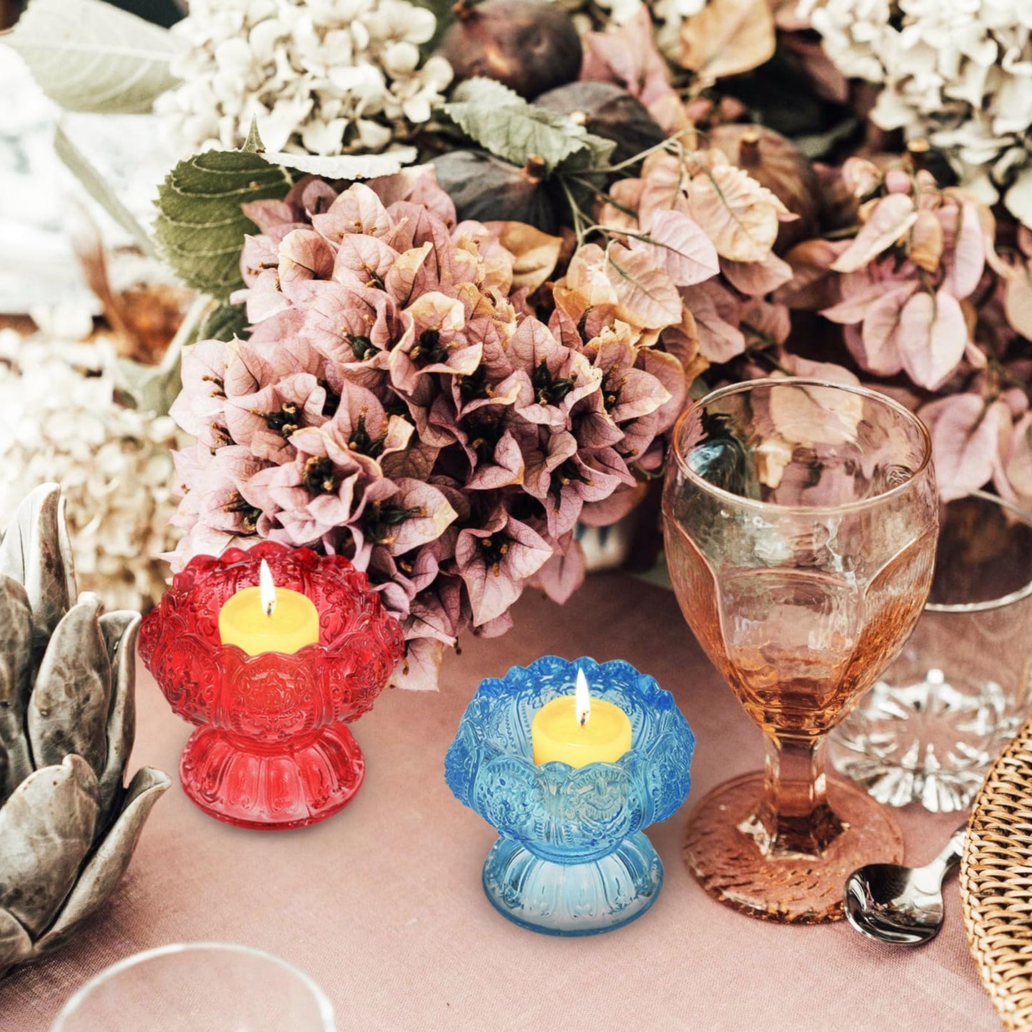 HOMOCONO 3pcs Glass Candleholder Set with High Base, Blue Red Pink Small Decorative Butter Lamp Holders for Desktop Religious and Home Décor