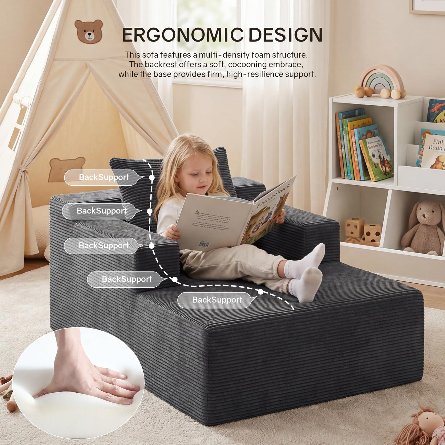 GRUSIGN 45'' Chaise Lounge Chair Indoor, Corduroy Boneless Sofa Bed, Deep Seat Sleeper Couch Reading Chairs for Bedroom Living Room, Movie Room