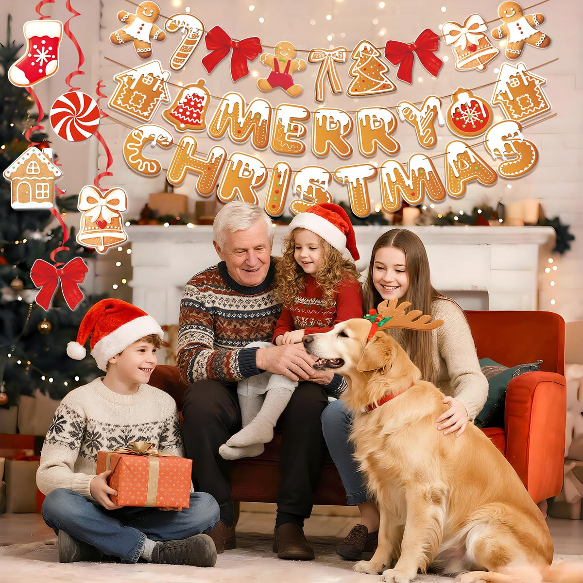 OBBOLO Merry Christmas Banners Gingerbread Theme, Pre-Strung Xmas Party Decorations, with 20 Pcs Gingerbread Men Hanging Swirls for Office Celebrations, School Events, Home Holiday Indoor Decor