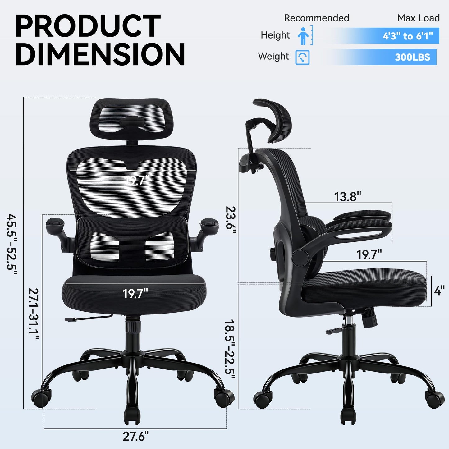 AreShark Office Chair-Ergonomic Desk Chair with Hidden Hanger & Flip-Up Arms, High Back Mesh Computer Chair with 2D Headrest & Adjustable Lumbar, Comfy Rolling Task Chair for Home Work Gaming, Black