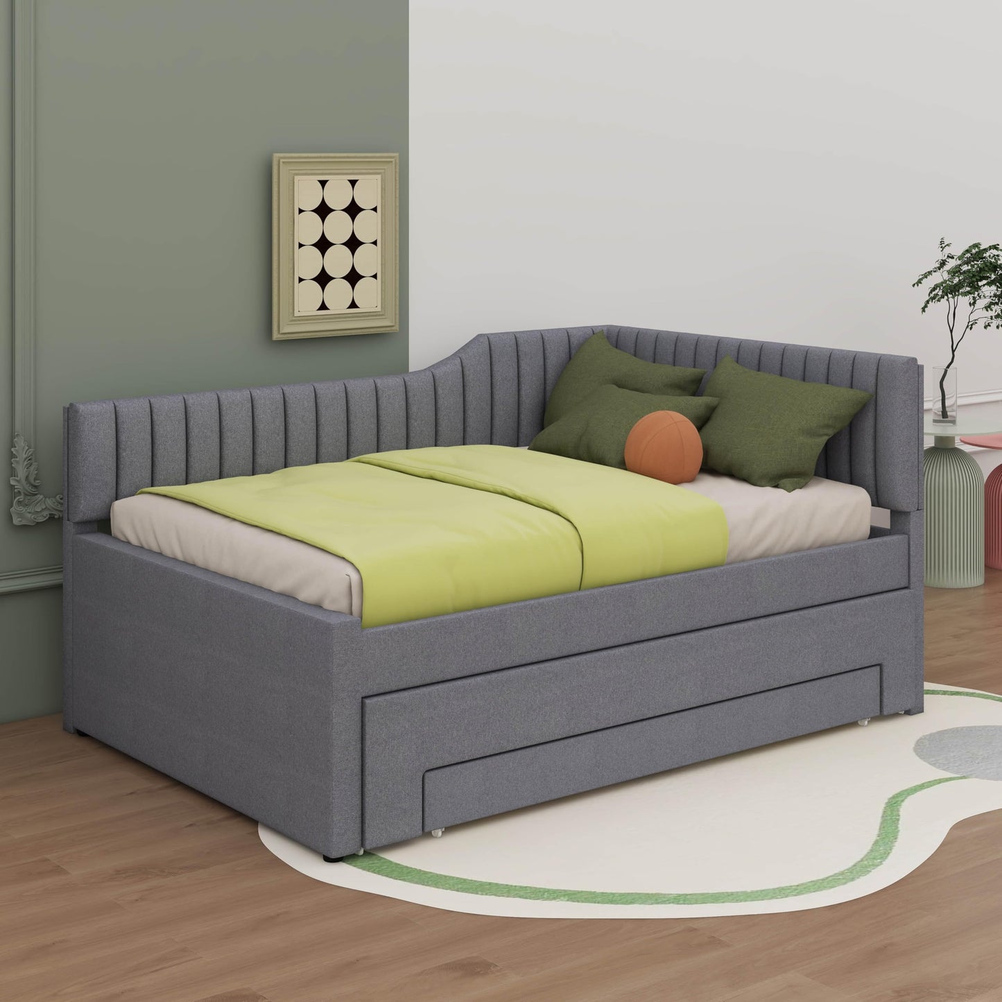YunNianYang Twin Size Upholstered Daybed with Trundle and Three Drawers (Gray, Full)