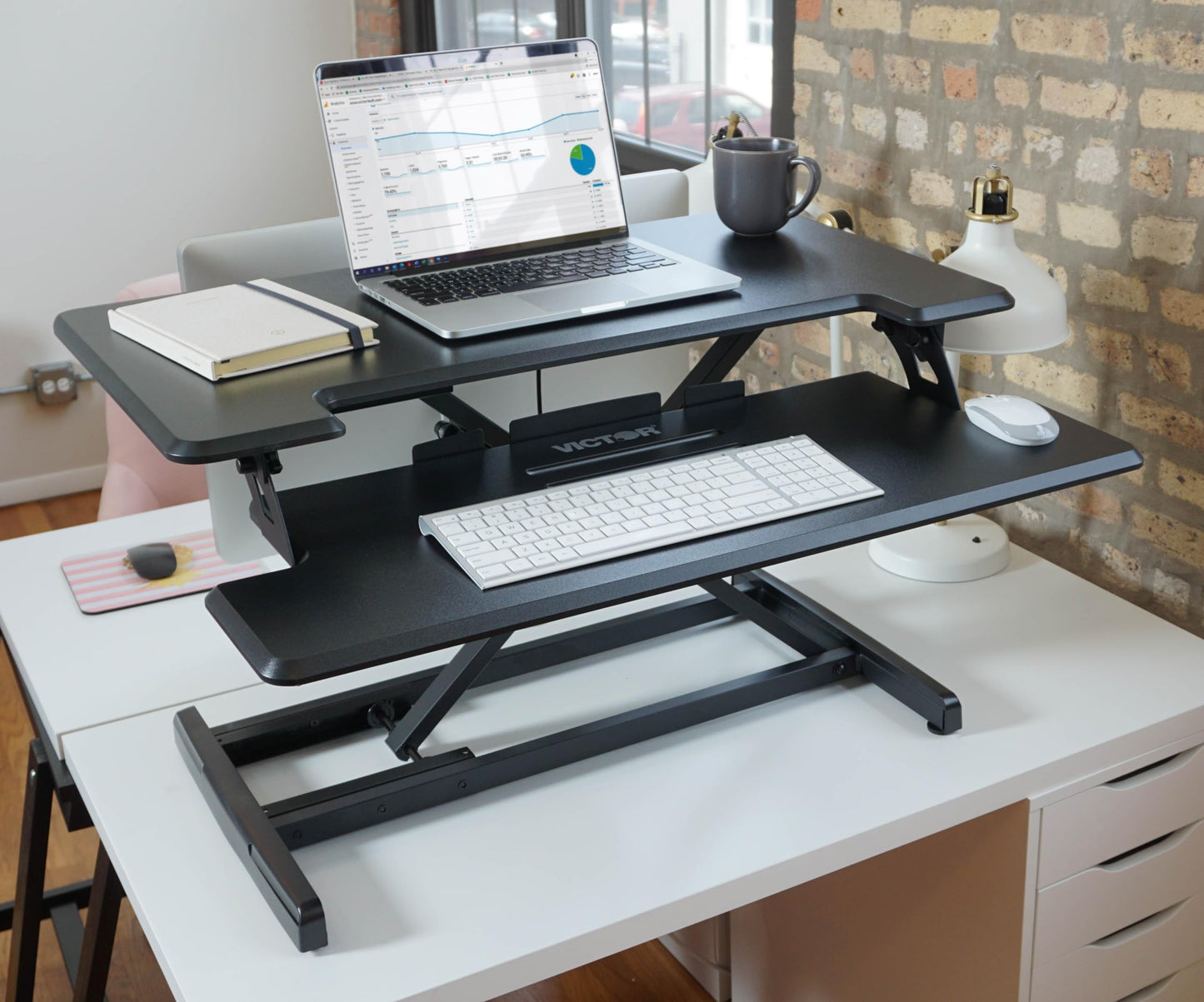 Victor DCX610 Height Adjustable Compact Standing Desk| Black| 33” Wide Sit-Stand Dual Monitor Desk and Laptop Riser Workstation| Compatible with Most Monitor Arms
