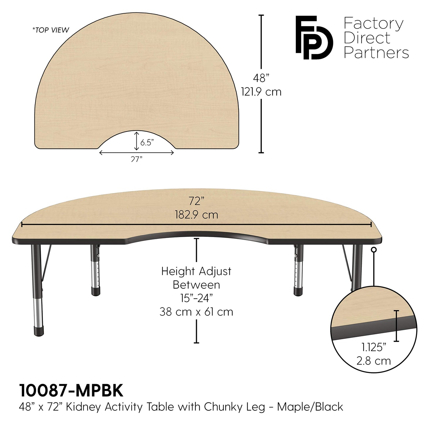 FDP Kidney Activity School and Classroom Kids Table (48 x 72 inch), Chunky Toddler Legs for Collaborative Seating Environments, Adjustable Height 15-24 inches - Maple Top and Black Edge