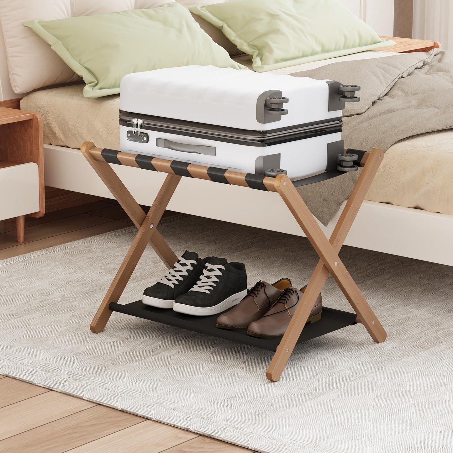 Smuxee Walnut Bamboo Luggage Rack for Guest Room, Foldable Suitcase Stand with Storage Shelf, Easily Assembled Luggage Stand with 5 Nylon Straps for Guest Room Bedroom Hotel