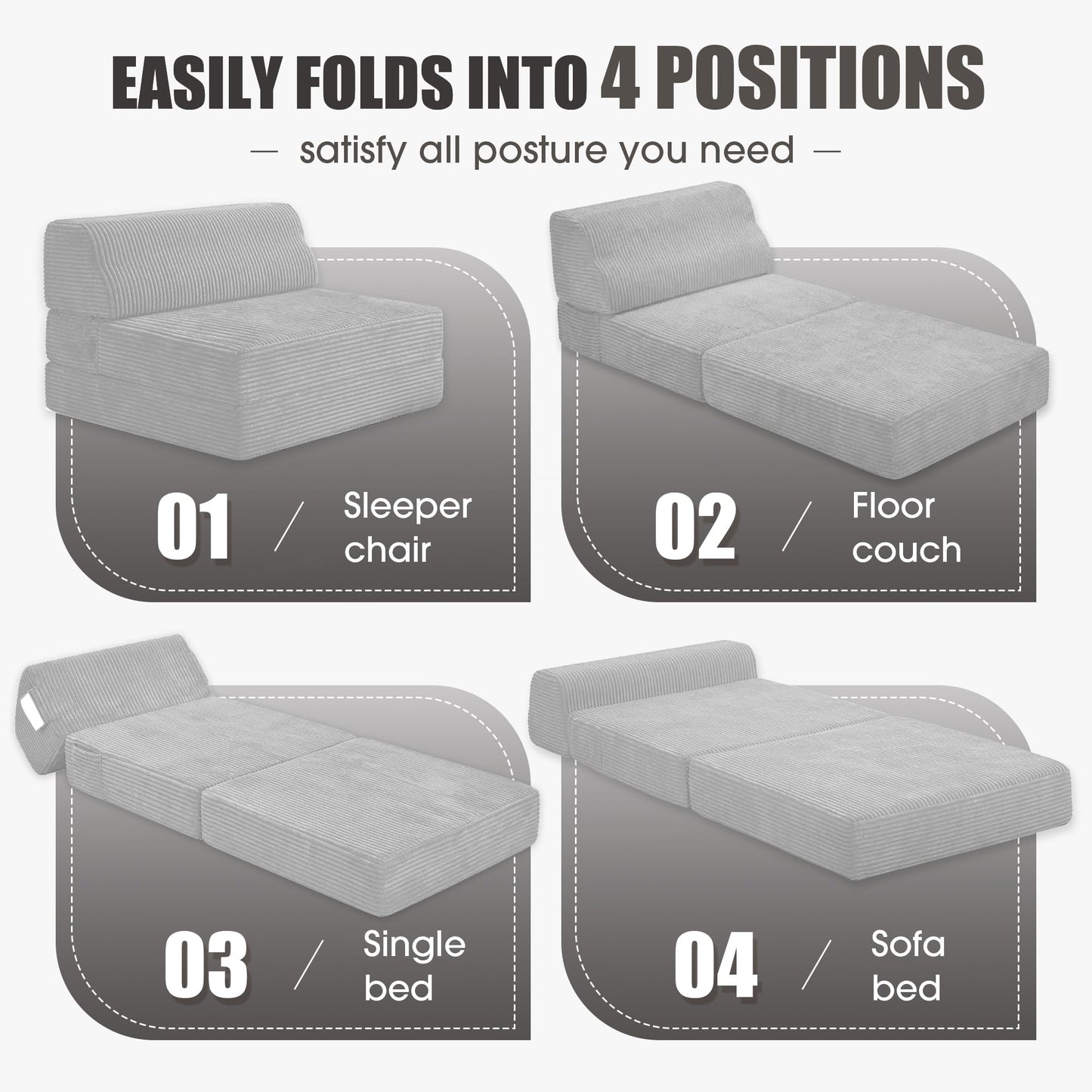 Kasunpul Folding Sofa Bed with Pillow, Memory Foam Fold Out Chair Bed, Convertible Sleeper Chair with Washable Cover, Futon Floor Couch for Living Room/Dorm/Guest Use/Home Office/Apartment, Light Grey