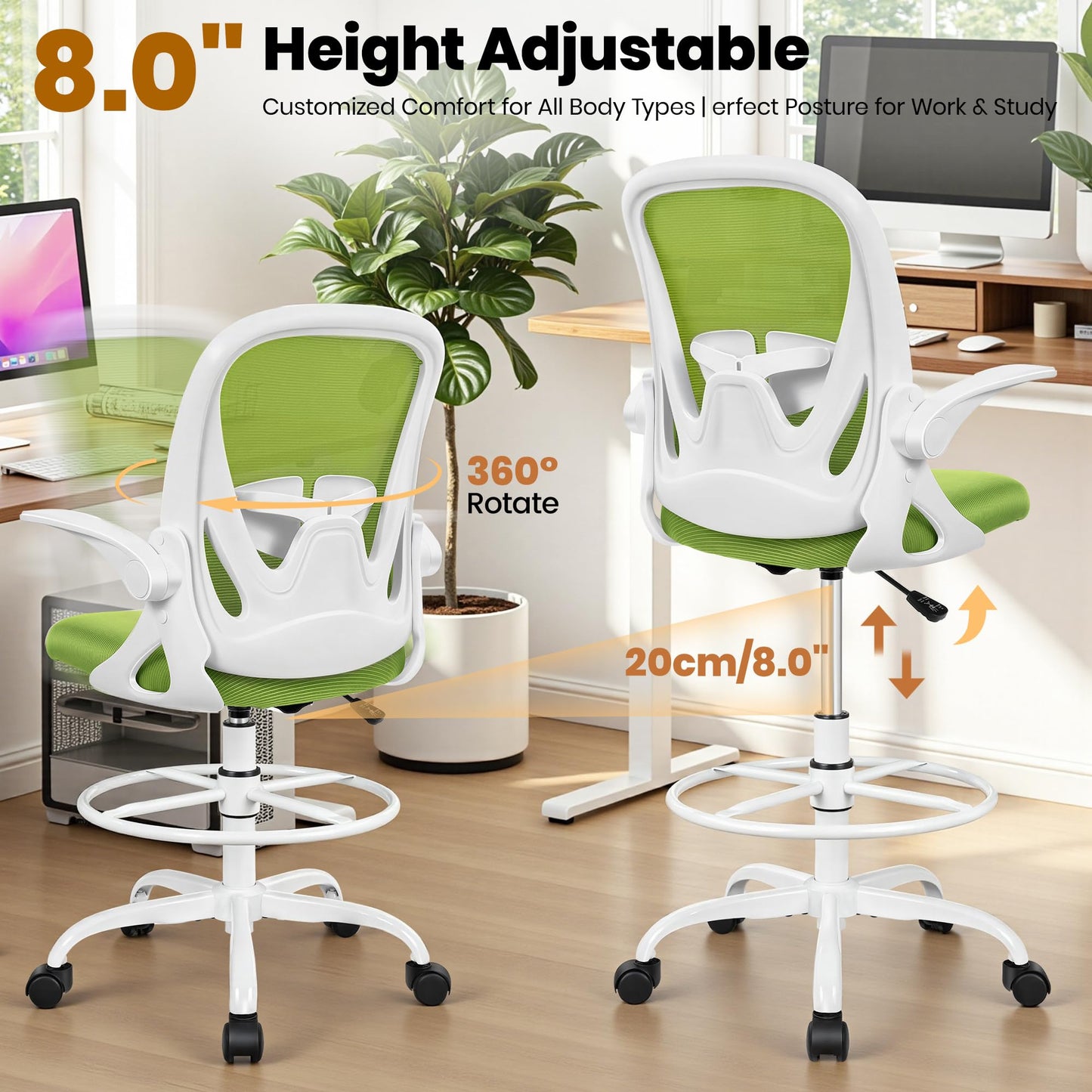 Primy Drafting Chair Tall Office Chair with Flip-up Armrests Executive Ergonomic Computer Standing Desk Chair with Lumbar Support and Adjustable Footrest Ring (Green)