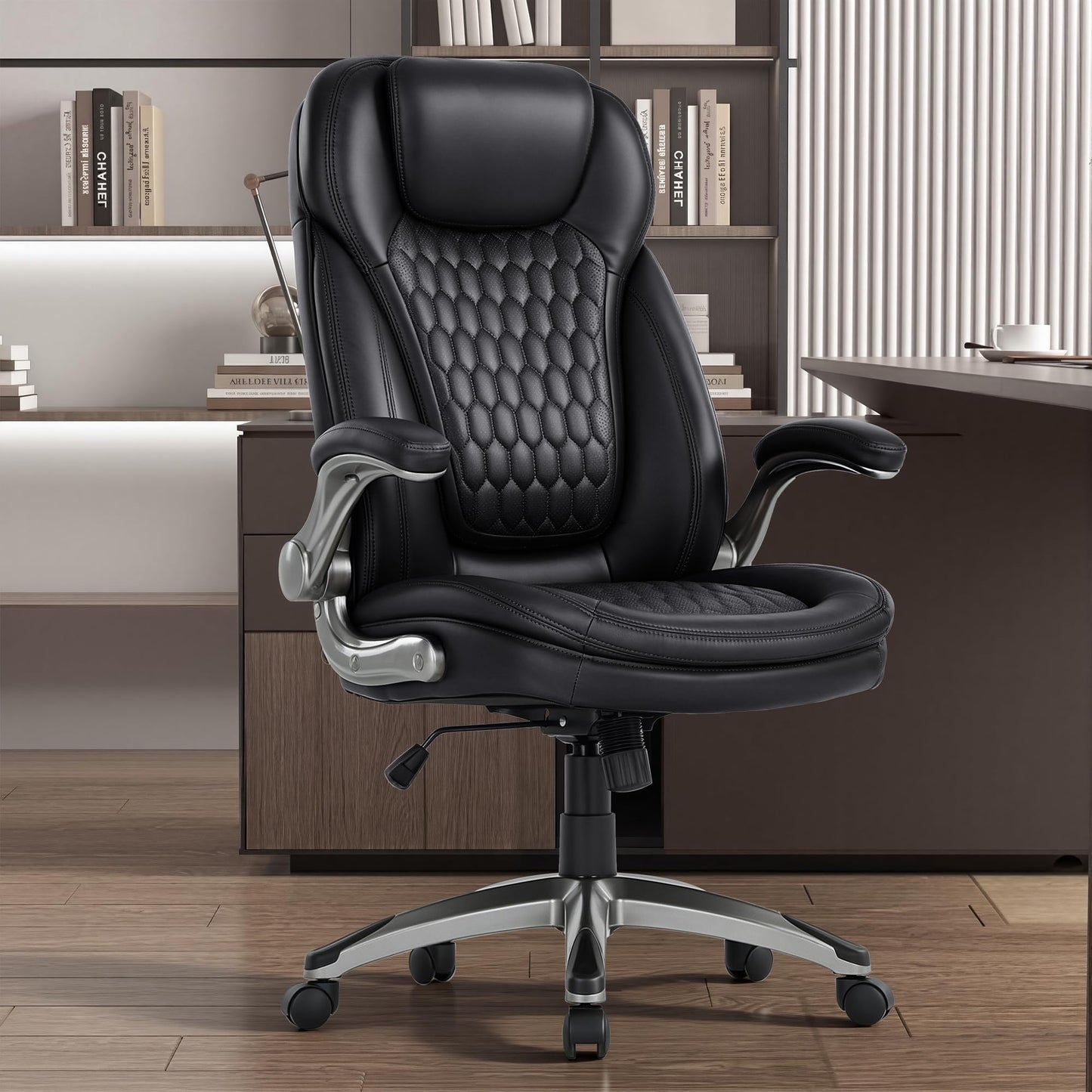 COLAMY High Back Executive Office Chairs,Ergonomic PU Leather Desk Chairs with Flip-Up Armrests, Adjustable Height, Lumbar Support,Comfortable Computer Chairs for Home Office,Set of 2