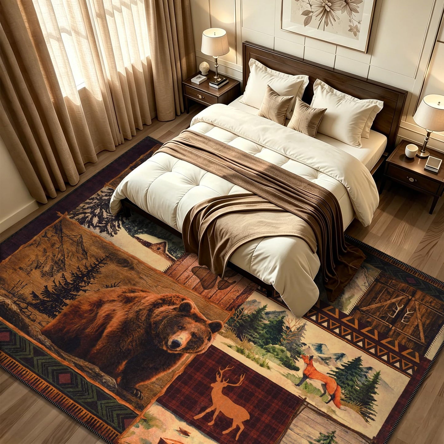 ASPMIZ Extra Large Rustic Area Rugs 8x10 Non-Slip Washable — Buffalo Plaid Log Cabin Bear Deer Fox Design, Vintage Soft Faux Wool Carpet Rugs for Living Room Dining Room