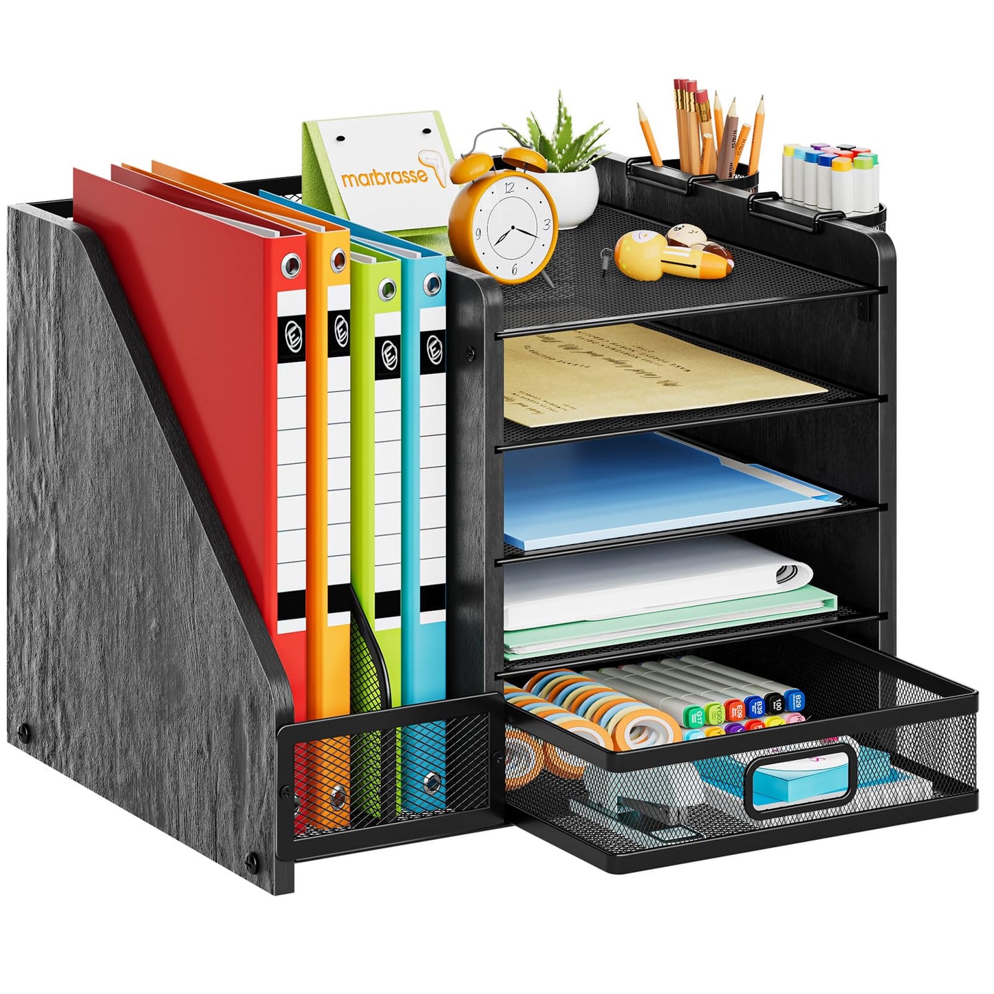 Marbrasse Desk Organizer with File Holder, 5-Tier Paper Letter Tray Organizer with Drawer and 2 Pen Holder, Mesh Desktop Organizer and Storage with Magazine Holder for Office Supplies (Wood-Black)