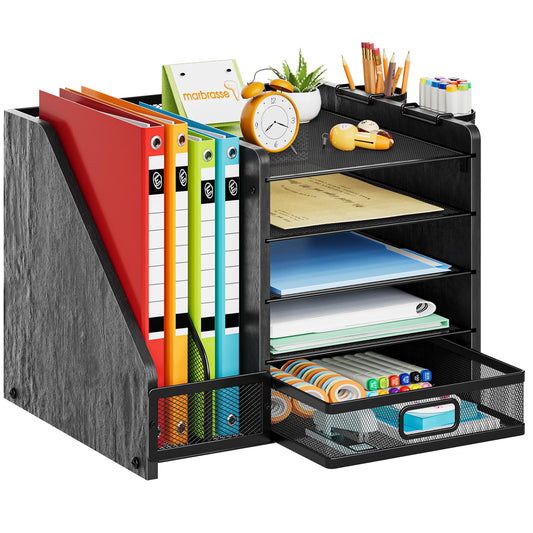 Marbrasse Desk Organizer with File Holder, 5-Tier Paper Letter Tray Organizer with Drawer and 2 Pen Holder, Mesh Desktop Organizer and Storage with Magazine Holder for Office Supplies (Wood-Black)