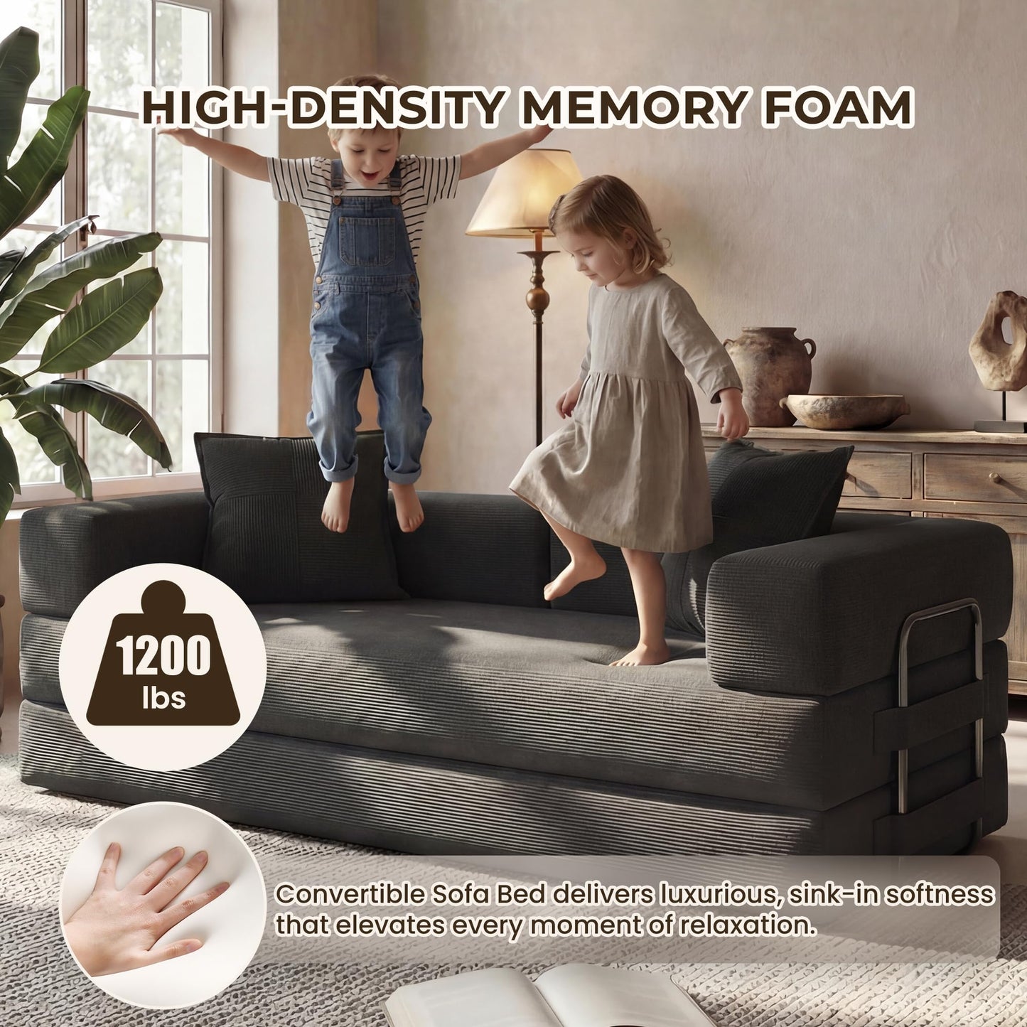 GRUSIGN 78 Inch Convertible Sofa Bed, 5-in-1 Futon Sofa Bed Pull Out Couch, Boneless Couch Bed for Living Room, Corduroy Boneless Couches for Bedroom, Apartment, No Assembly Sleeper Sofa Bed, Gray