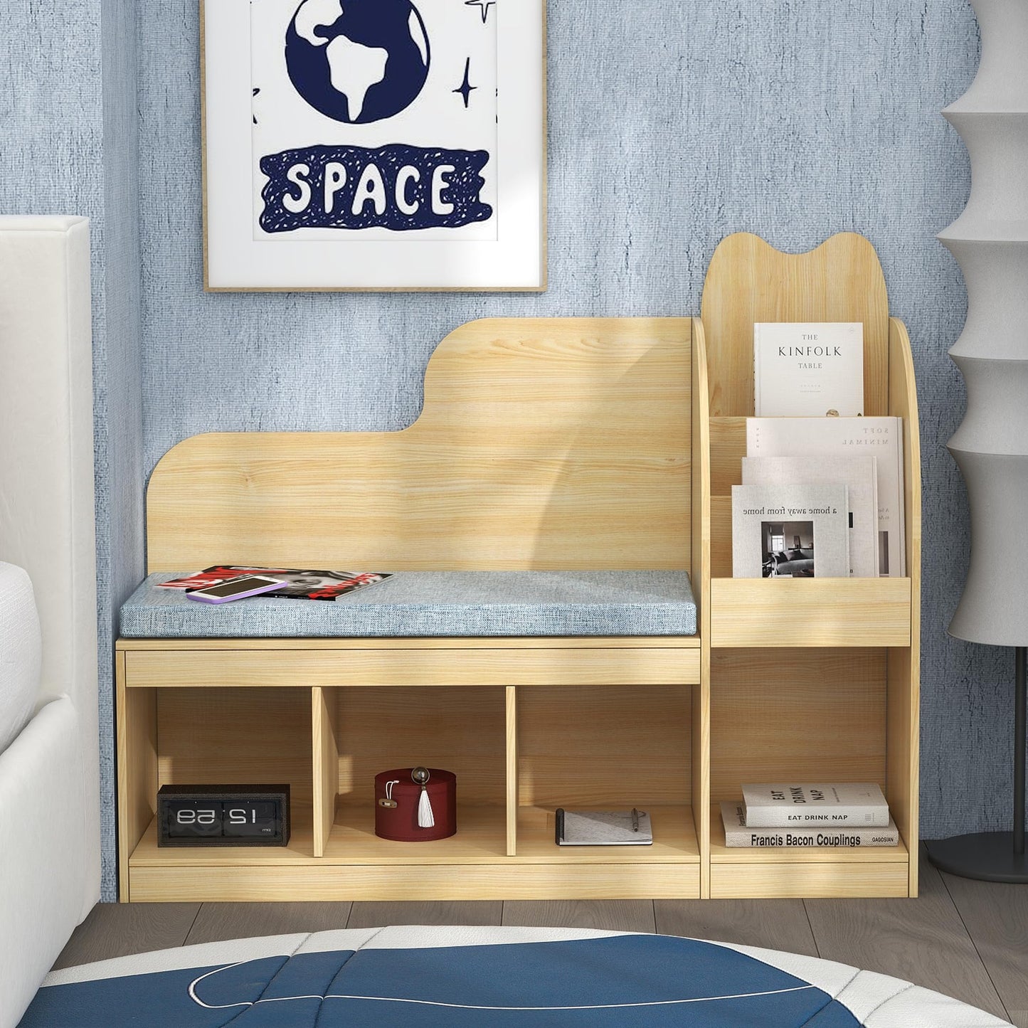 TaoHFE Kids Bench with Bookshelf & Toy Storage, Engineered Wood Toddler Reading Nook with Removable Cushion, Cubby Organizer & Bookcase for Playroom Bedroom Nursery