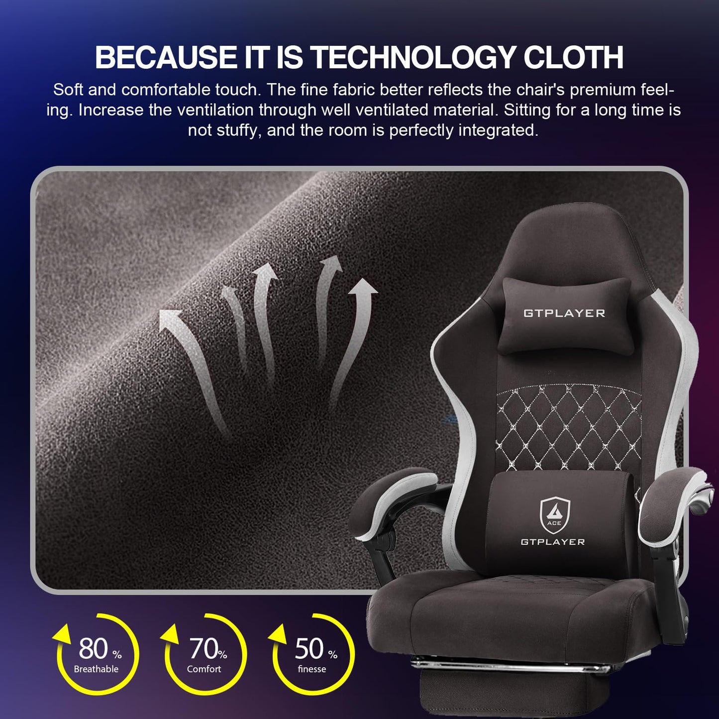 GTPLAYER Gaming Chair with Footrest Fabric Office Chair with Pocket Spring Cushion and Linkage Armrests, High Back Ergonomic Computer Chair with Lumbar Support Task Chair Brown