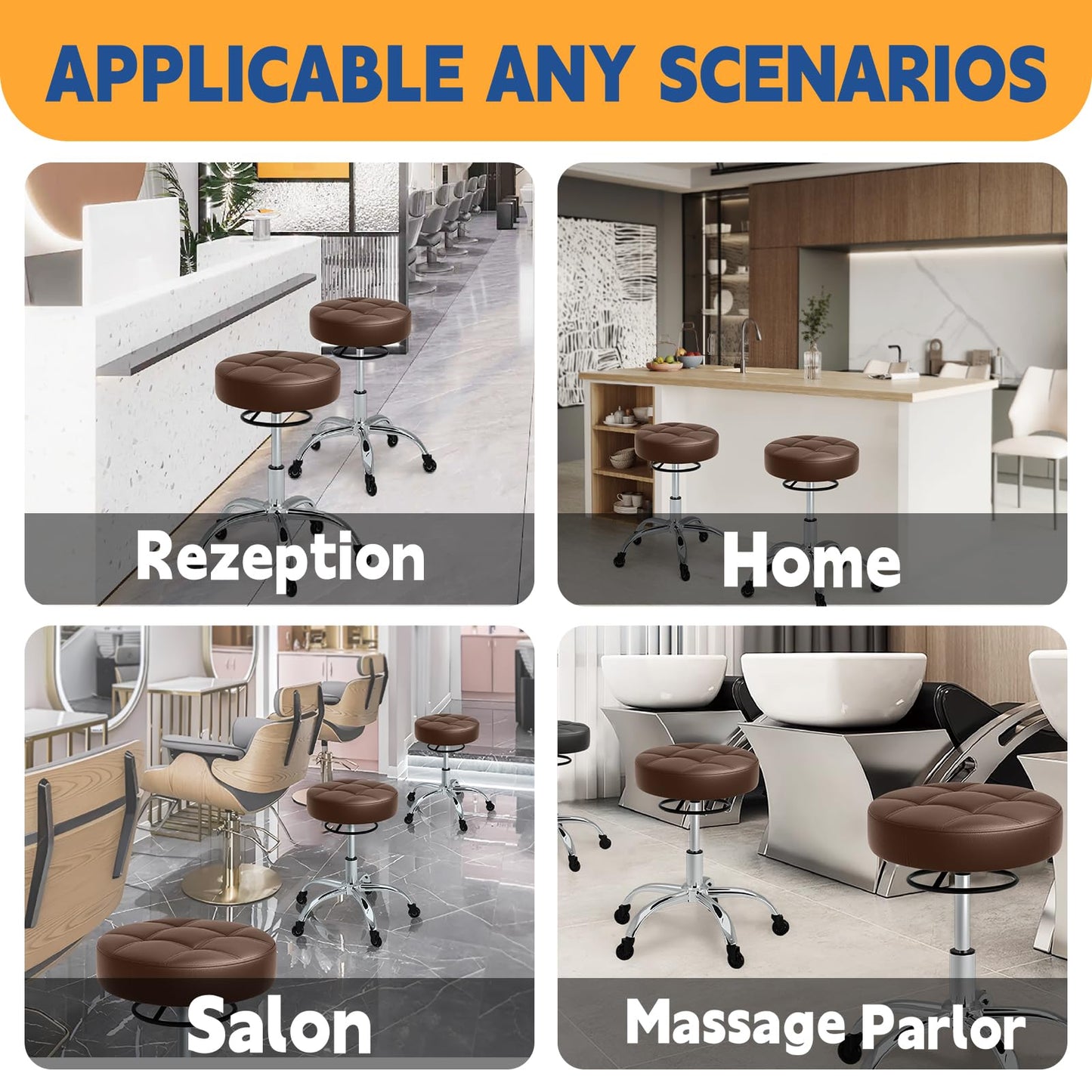 Rolling Stool Heavy Duty 400lb: Super Soft Seat Cushion,360° Swive,Height Adjustability,No Squeaky Noises,No Tip Over,New Upgraded Stool Salon stool Chair, Tattoo Facial Massage Spa Medical (Brown)