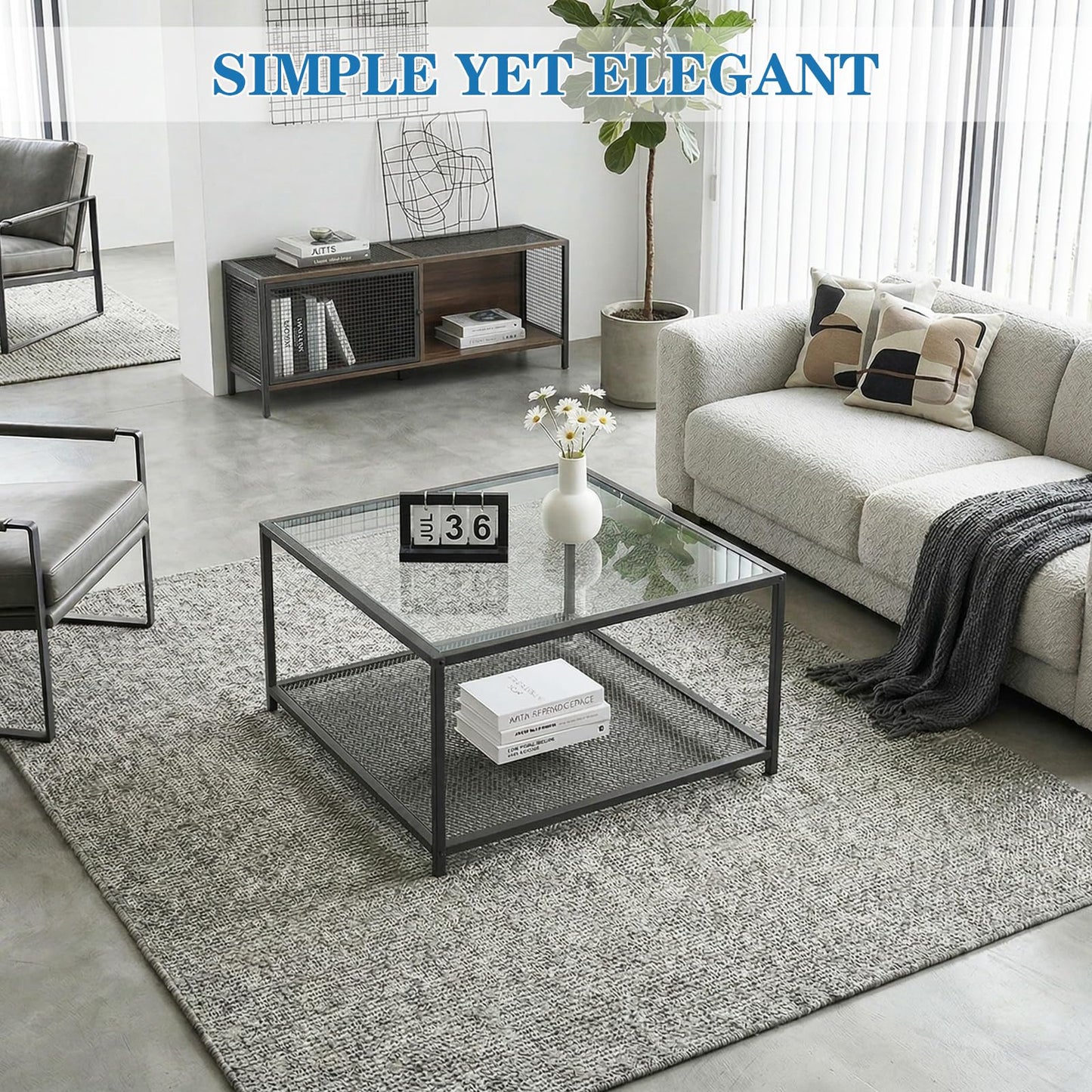 Black Glass Coffee Table, Square Coffee Tables with Storage Shelf, Simple Tea Cocktail Modern Center Tables for Small Space, Living Room, Easy Assembly, 26 * 26in（Black）