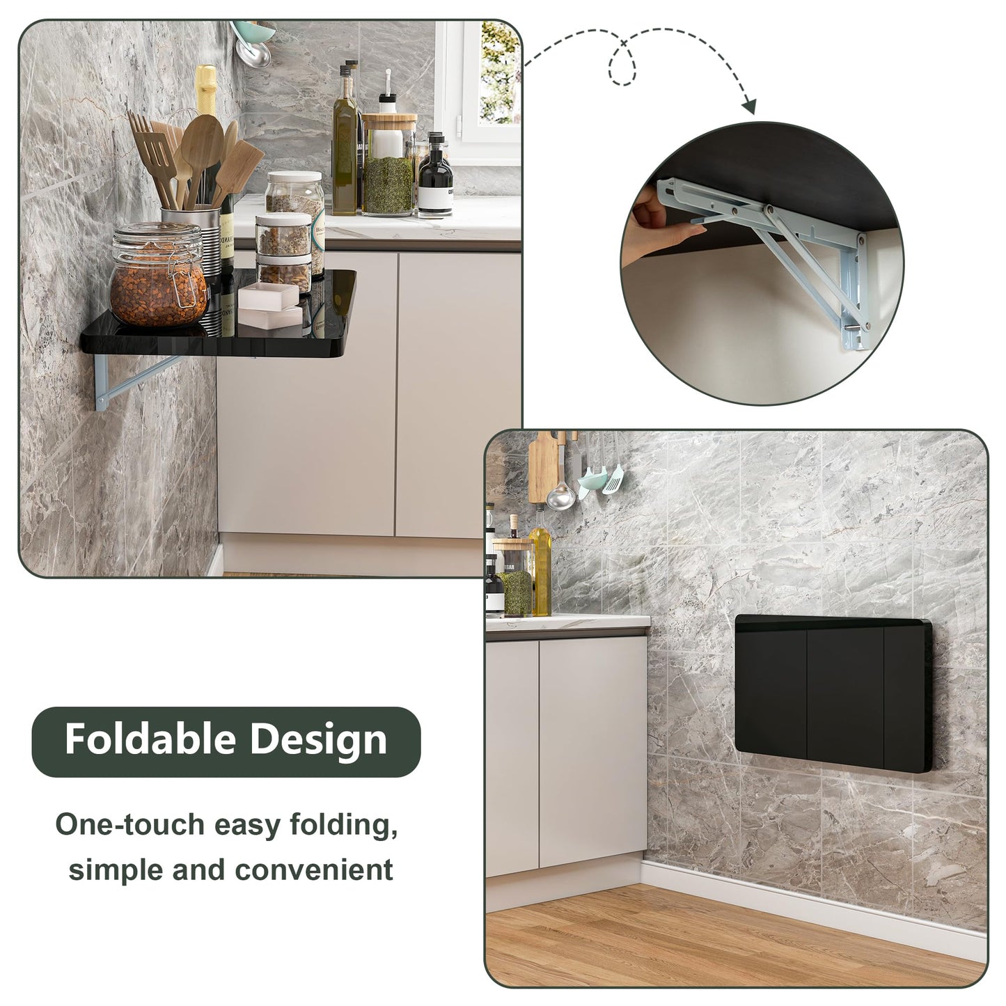 Clikuutory Black Wall Mounted High Gloss Folding Table 23.6" L x 15.7" W, Laundry Folding Table for Laundry Room, Home Office, Kitchen, Bedroom, Home Bar, Wall Desk Fold Down for Small Spaces