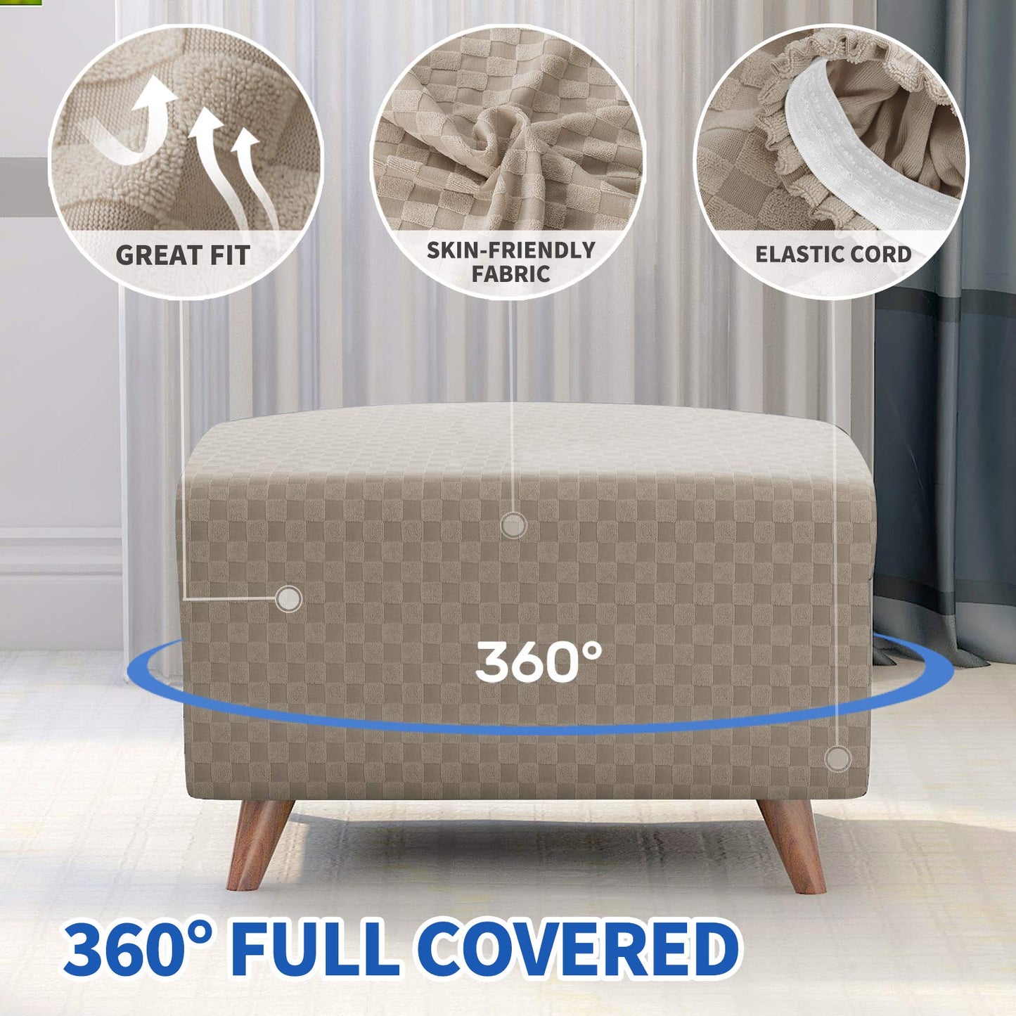 MAXIJIN Jacquard Ottoman Cover Slipcovers Folding Storage Stool Furniture Protector Cover Soft Thick Rectangle Foot Rest Slipcover with Elastic Bottom (Ottoman X-Large, Khaki)