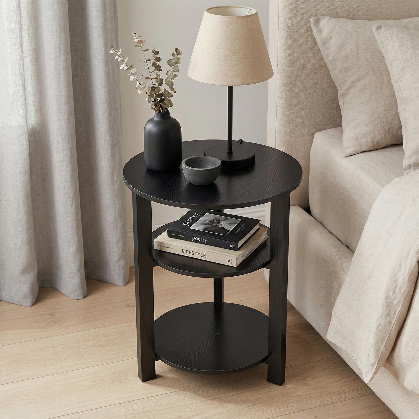 Farmhouse 3-Tier Round Side Table,17.7*21.7inch End Table with Open Storage,Modern Couch Accent Table Circular Nightatand for Living Room,Bedroom,Office,Wooden Table for Narrow and Small Spaces,Black