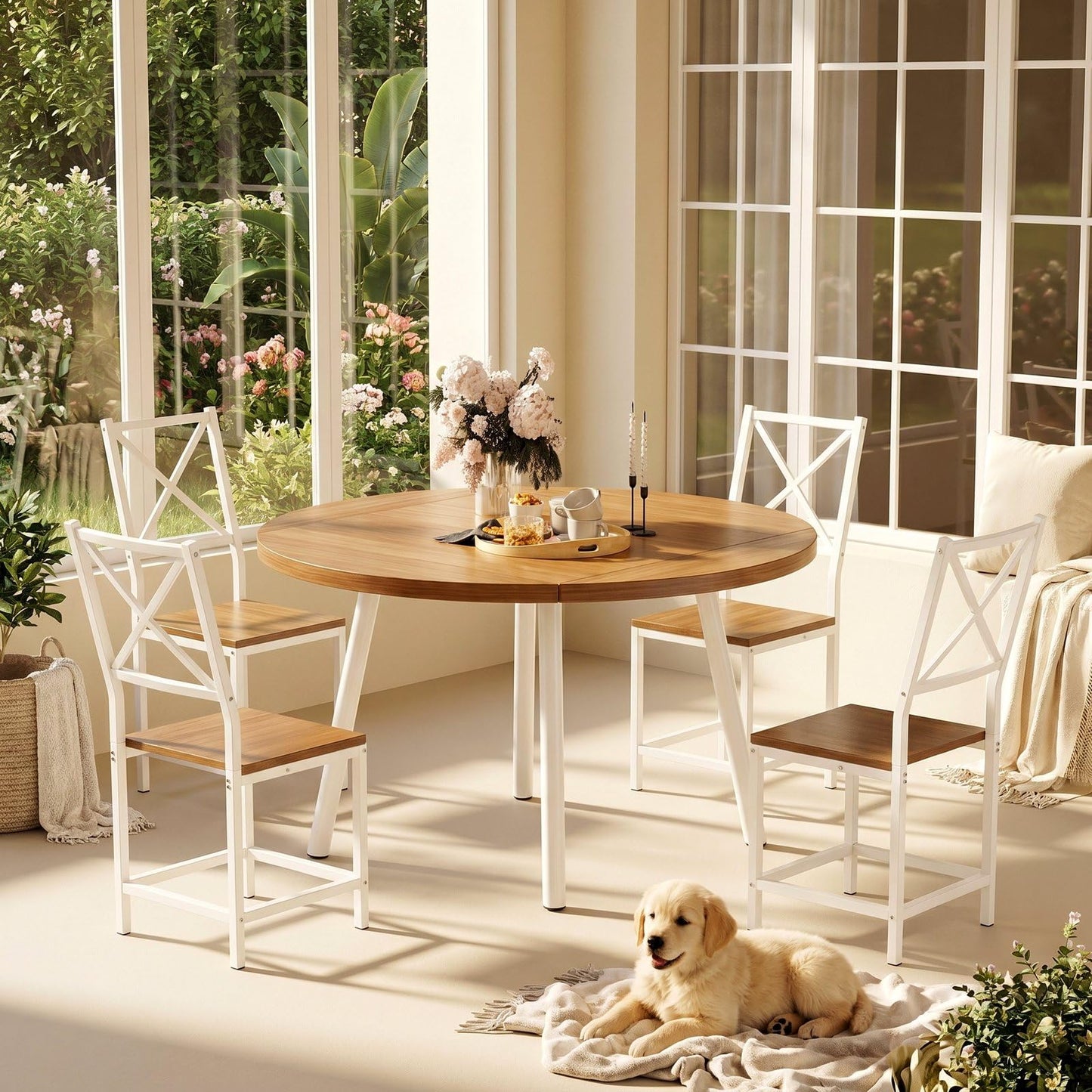 IRONCK Round Dining Table Set for 4, Extendable Kitchen Table with 4 Chairs, 44.5" Drop Leaf Desk, Folding for Small Space, Apartment, Natural Wood