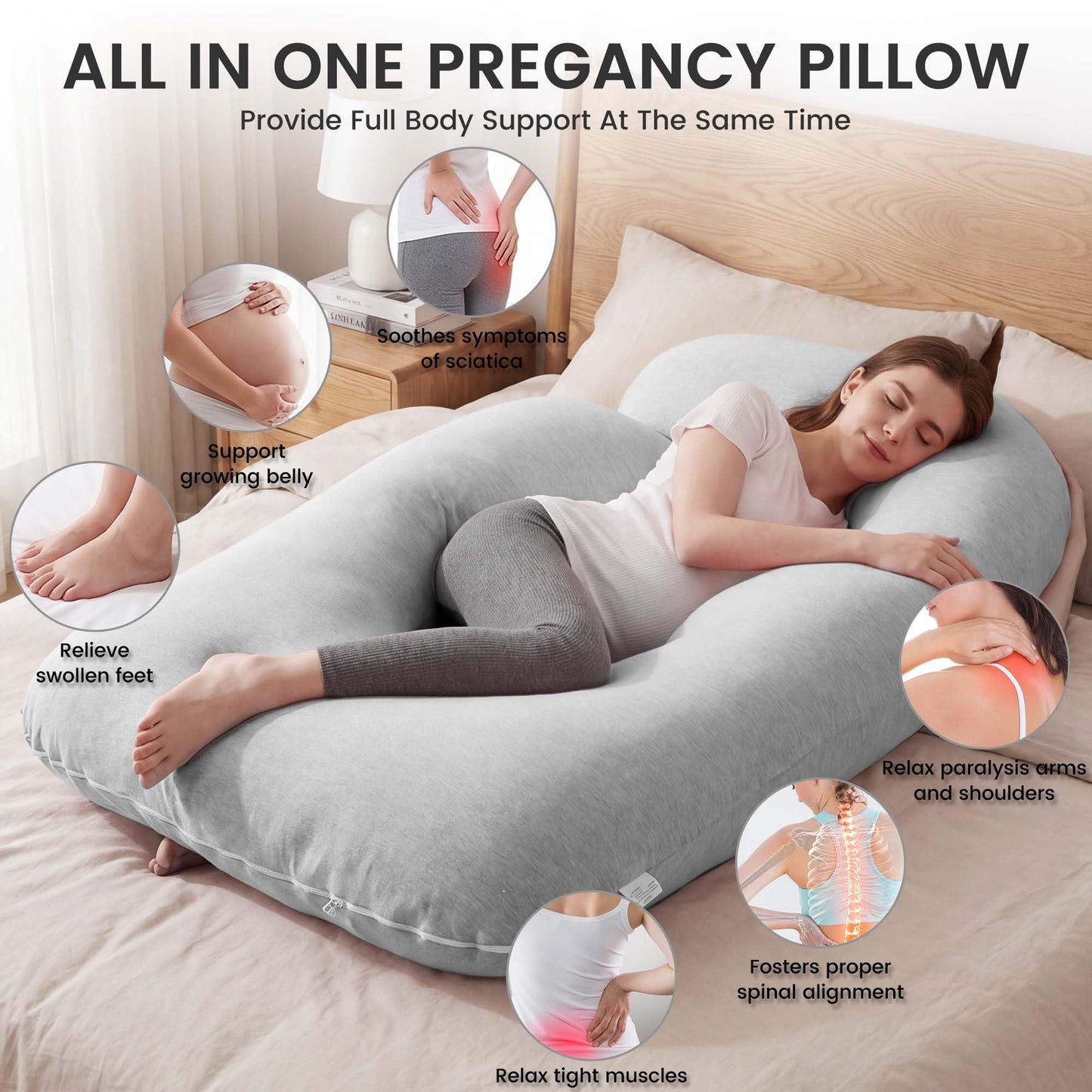 Jcickt Pregnancy Pillow for Sleeping,59 inch Maternity Pillow with Removable Washable Cover,J-Shaped Cooling Full Body Pregnant Pillow -Support for Backs,Legs, Belly, HIPS, Improve Sleep -Gray