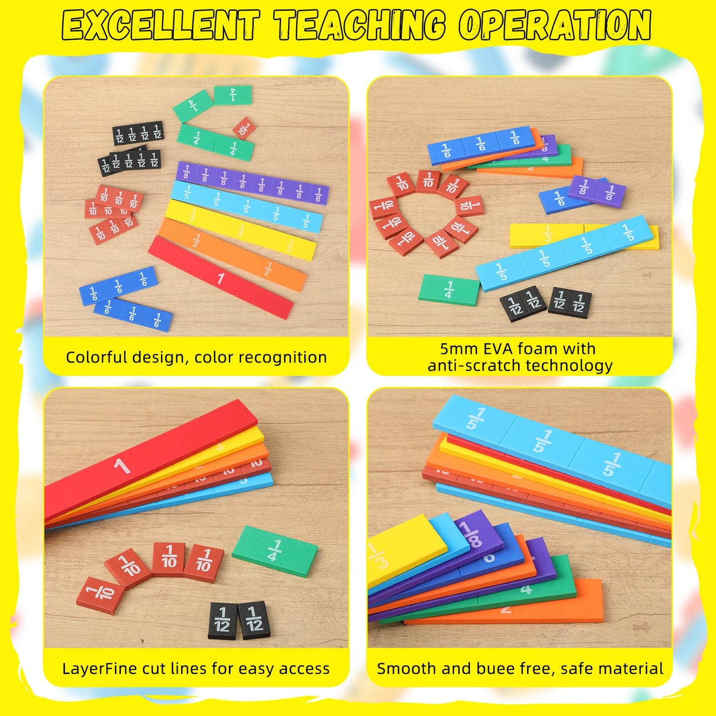 Sayglossy 6 Sets Fraction Tiles Sets for Math Fraction Manipulatives Montessori Math Materials EVA Foam Algebra Tiles Games for Classroom Teaching Aids, Homeschool Supplies