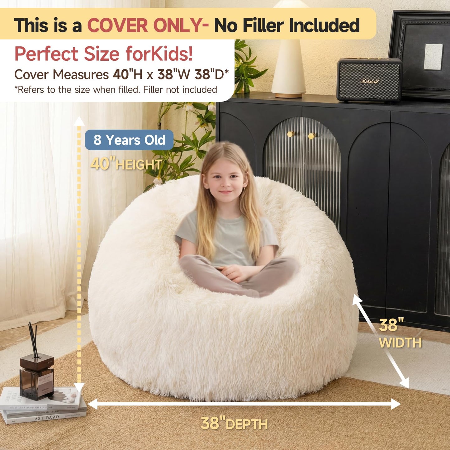 Beige faux fur bean bag chair covers (No Filler), comfy Fluffy Beige bean bag chair Cover for bedroom, stuffed animal Storage, kids adults teens girls bean bag chairs, Anti-Slip
