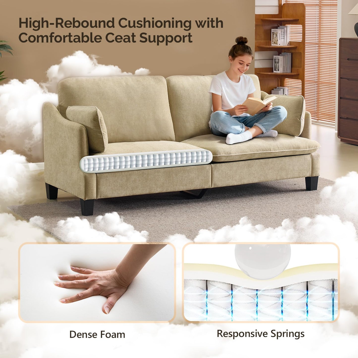 VINGLI 84" Extra Deep Seat Sofa Couch, 3 Seater Upholstered Living Room Couches with 2 Piped Seater Cushions, Throw Pillows, Modern Linen Velvet Fabric Sofa for Apartment Bedroom Office