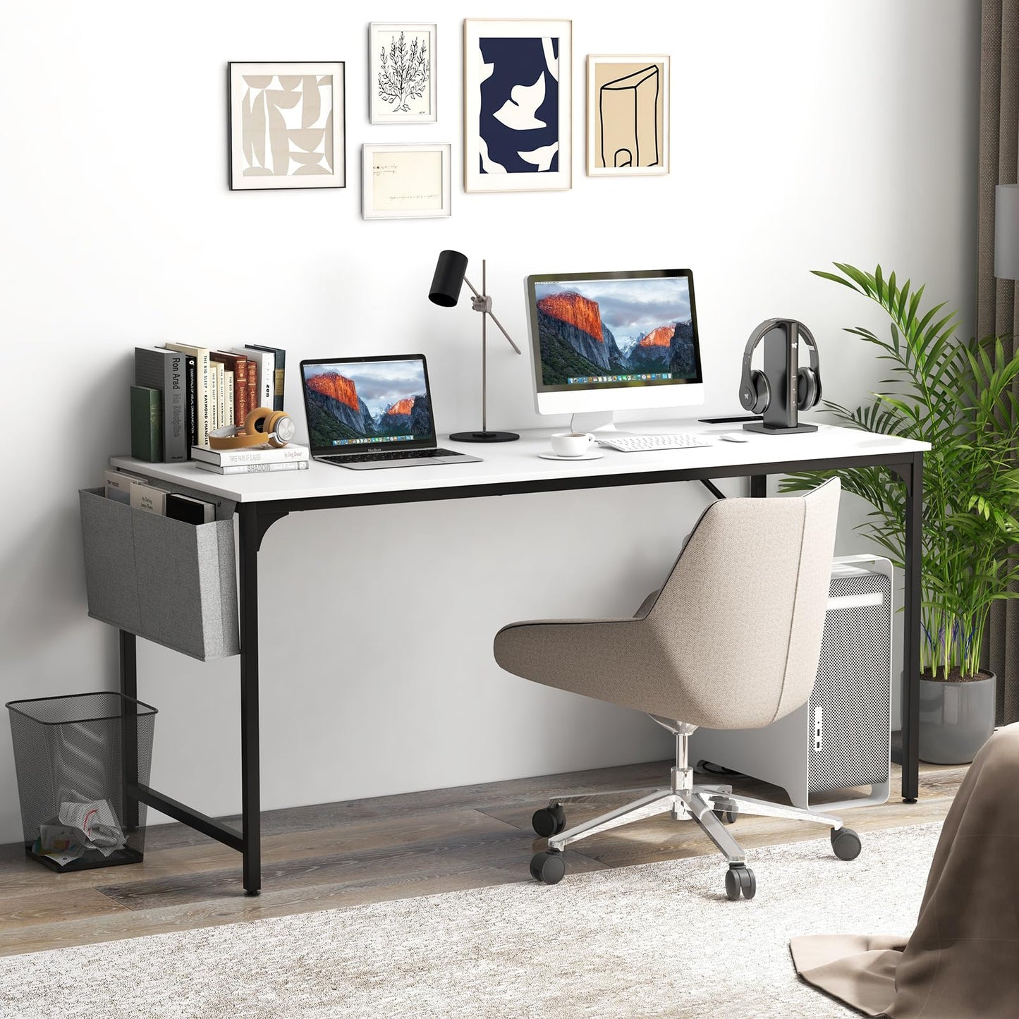 Tangkula 60" Conference Desk Set of 6, Modern Boardroom Desk with Storage Bag, Headphone Hook, Sturdy Metal Frame, Rectangular Seminar Table with Charging Station