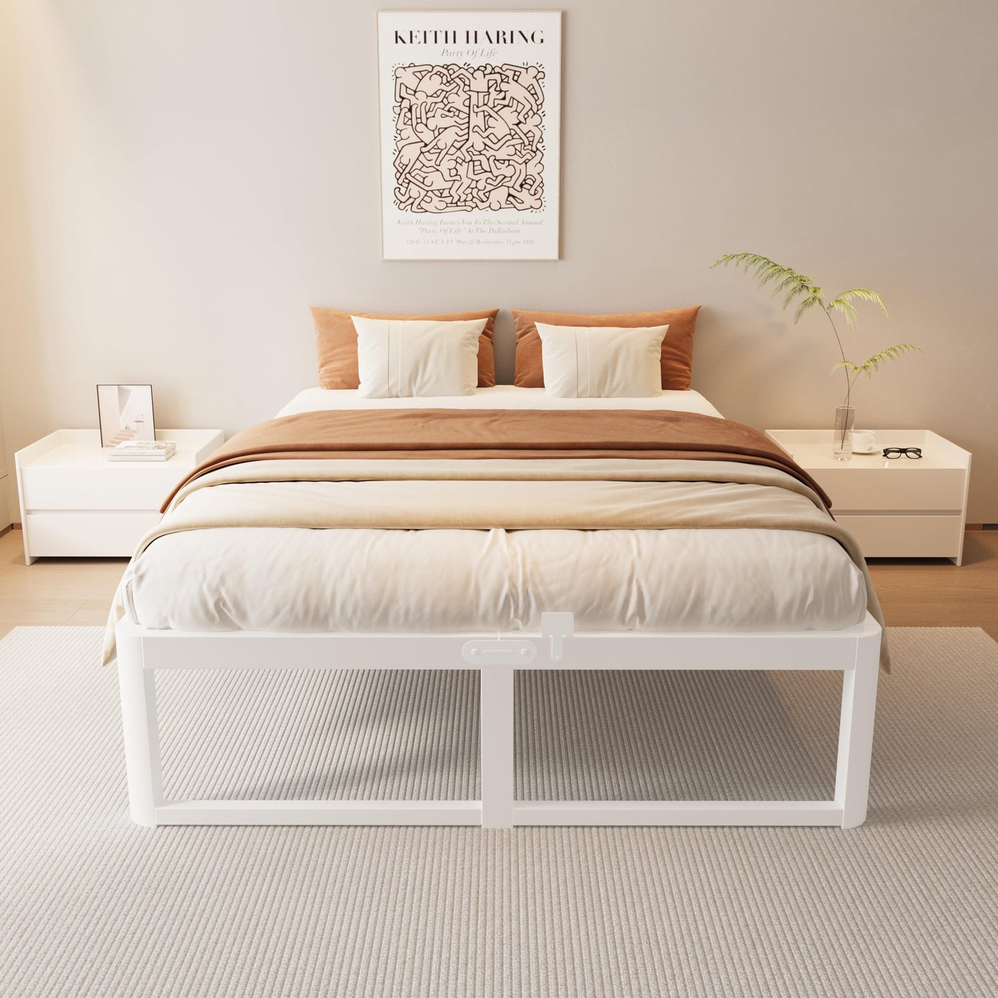 ZTH Full Size Metal Platform Bed Frame 16 in, No Box Spring Needed, White