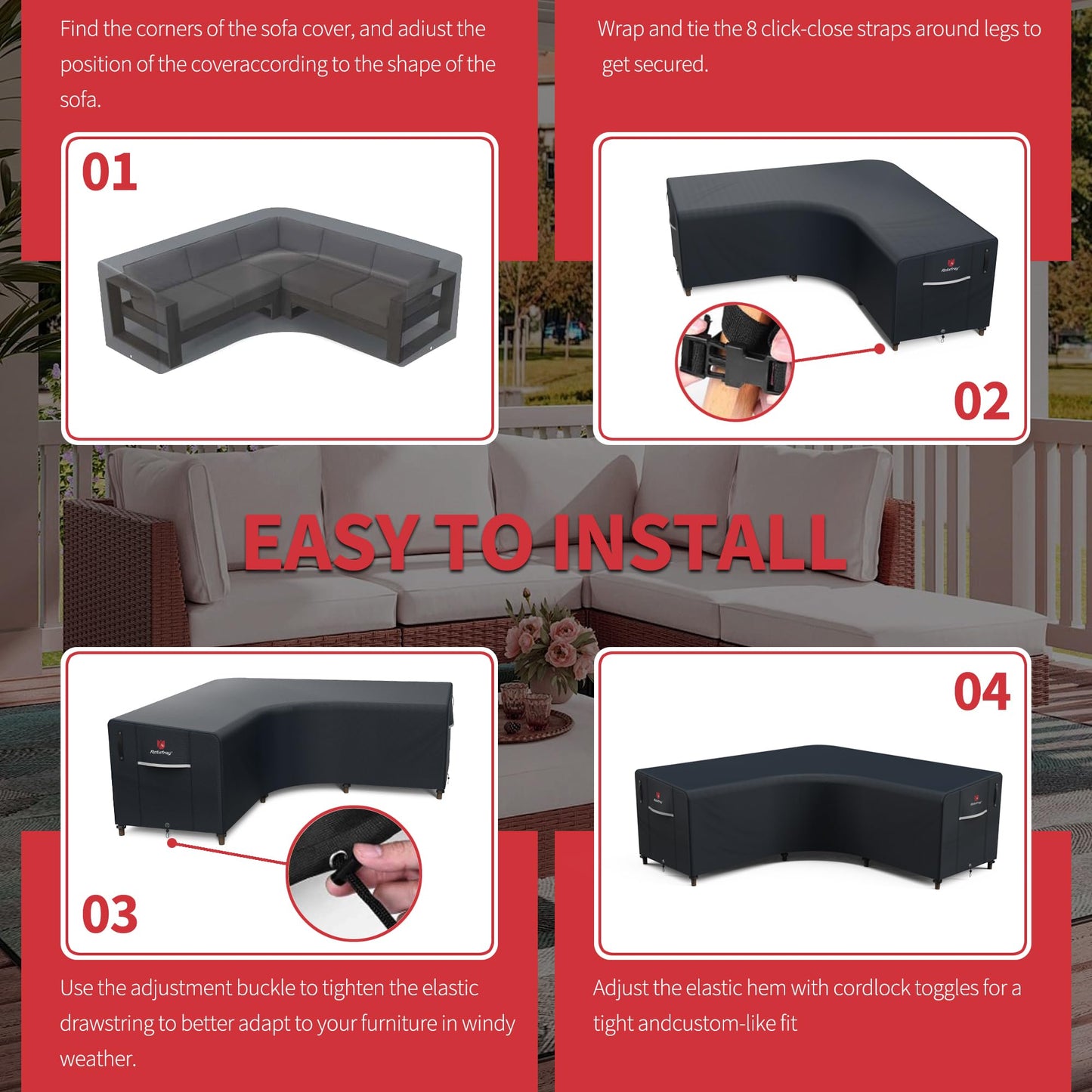 Rosefray 420D Outdoor V-Shaped Sectional Cover,Heavy Duty Anti UV Patio Sectional Sofa Cover with Air Vent, Waterproof Furniture Covers for Deck, Lawn,Backyard 100"x100" Black