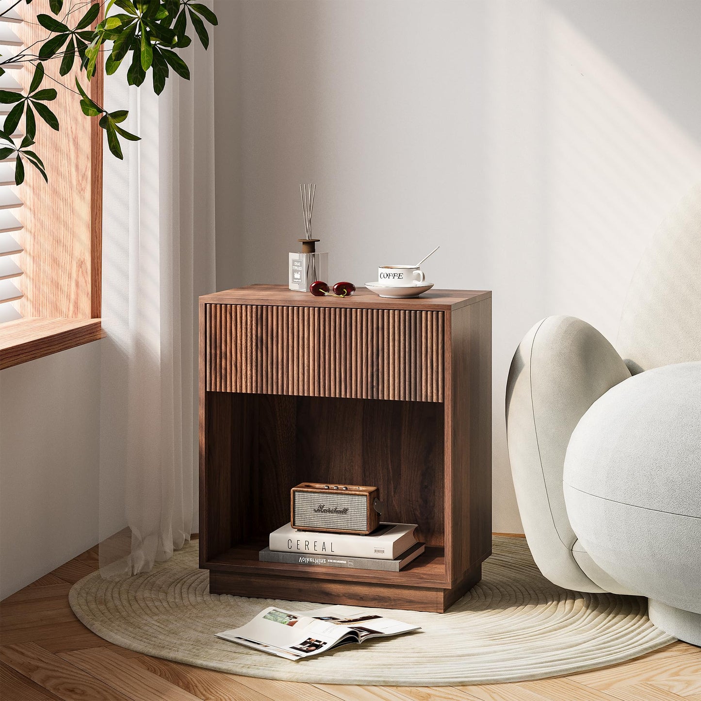 Fluted Nightstands Set of 2, Modern Bedside Table with Storage Drawer and Open Wood Shelf, Wood End Table Mid Century Night Stands for Bedroom Living Room Sofa Couch Office Walnut Brown
