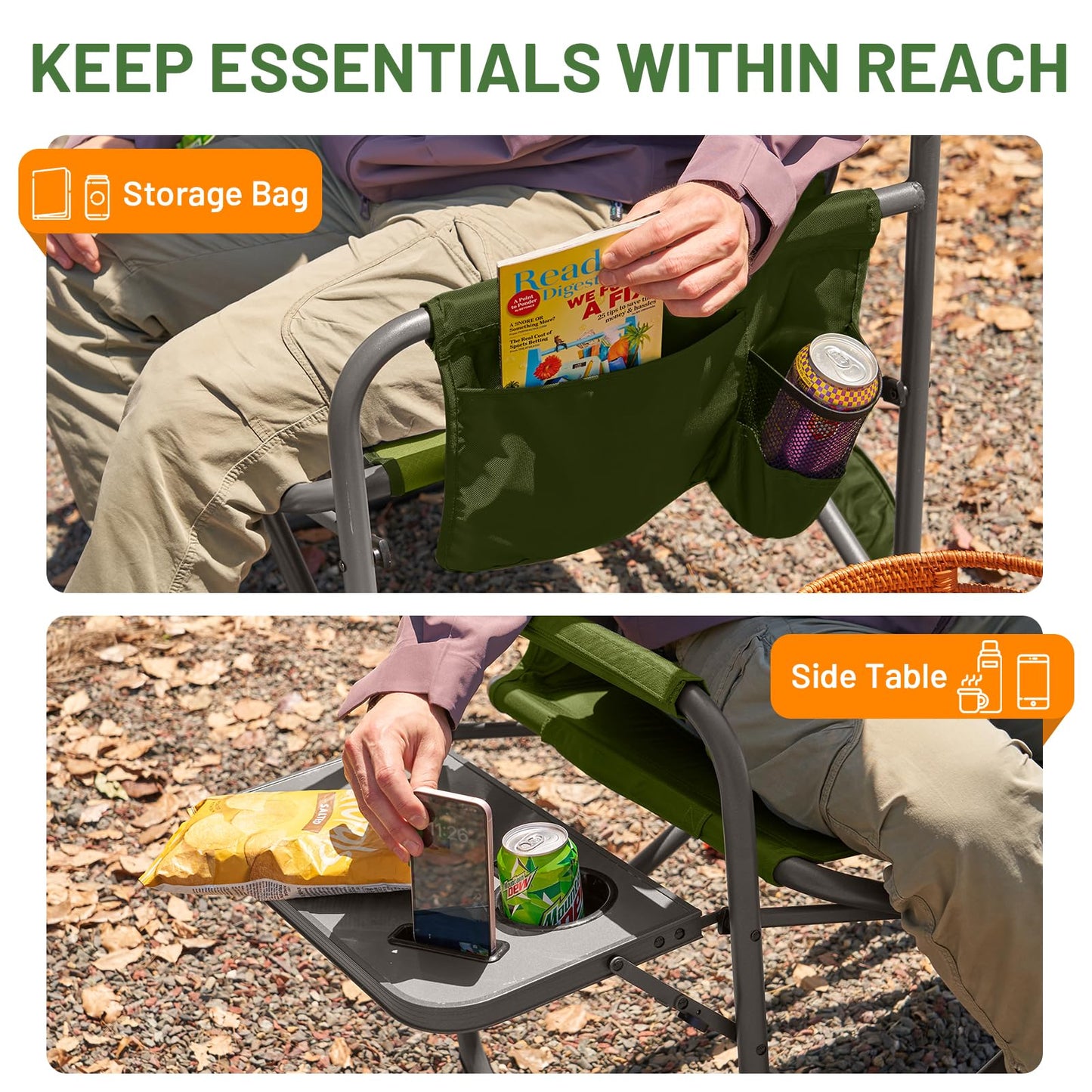 Timber Ridge XXL Director’s Chair – Heavy Duty Folding Camping Chair for Adults, 500lb Capacity, Extra Wide Padded Seat for Camping, Sports, Lawn, Courtyard, and Outdoor Use, Green