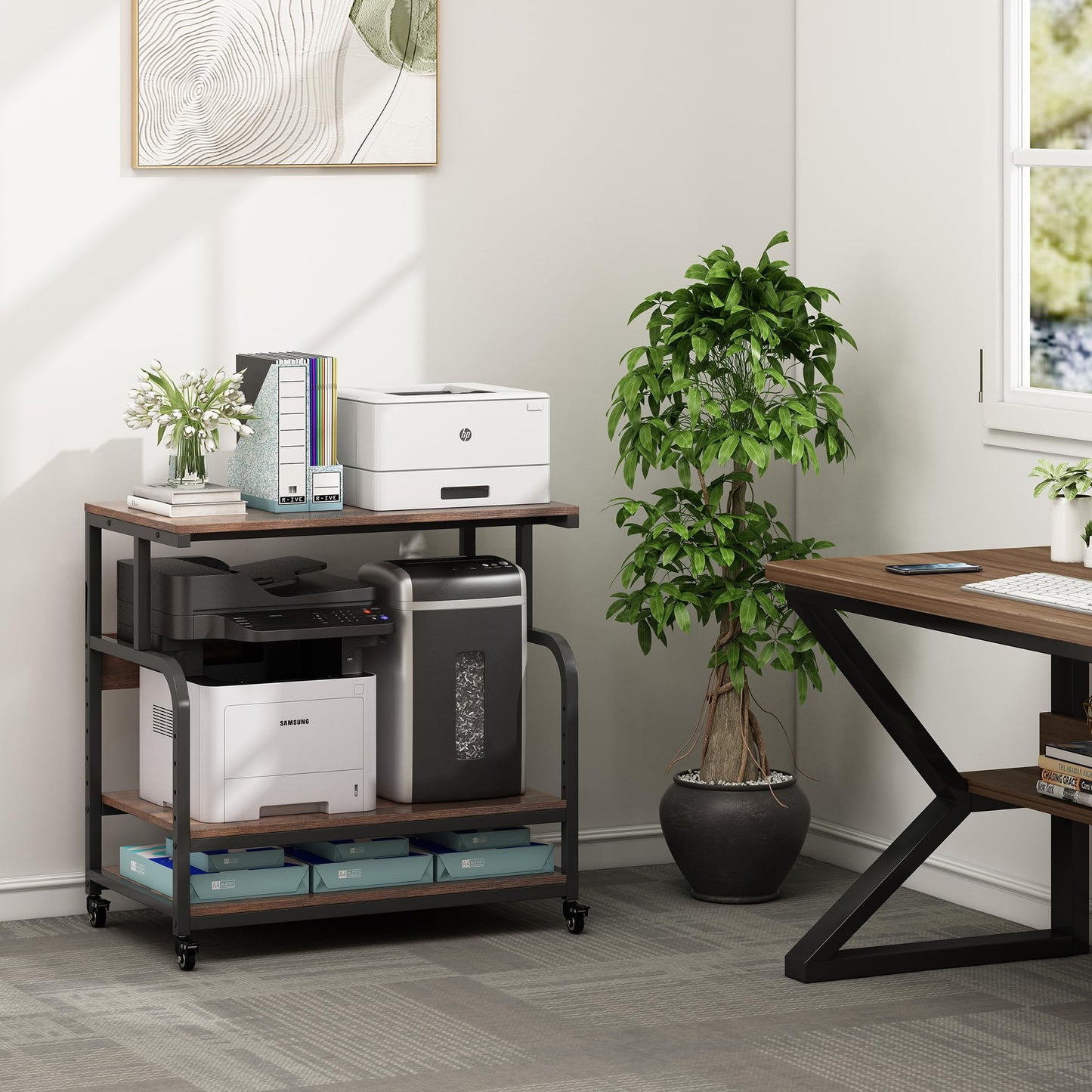 Fannova 32.3" Wide Extra Large Printer Stand, 3 Tier Printer Table with Adjustable Storage Shelf, Rolling Printer Cart with Industrial Wheels for Home Office, Rustic Brown