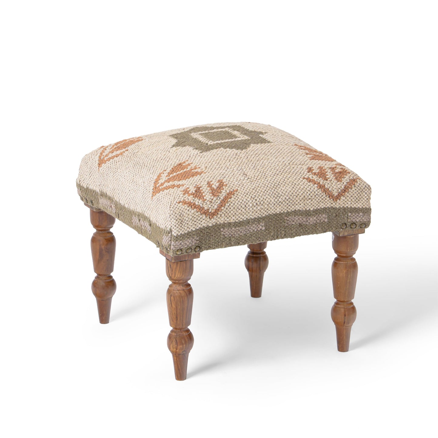 NATURAL FURNISH Handmade Jute Upholstered Ottoman Stool | Square Foot Rest with Wooden Legs | Decorative Accent Seating for Bedroom, Living Room, Entryway, Vanity & Hallway (Beige-Green)
