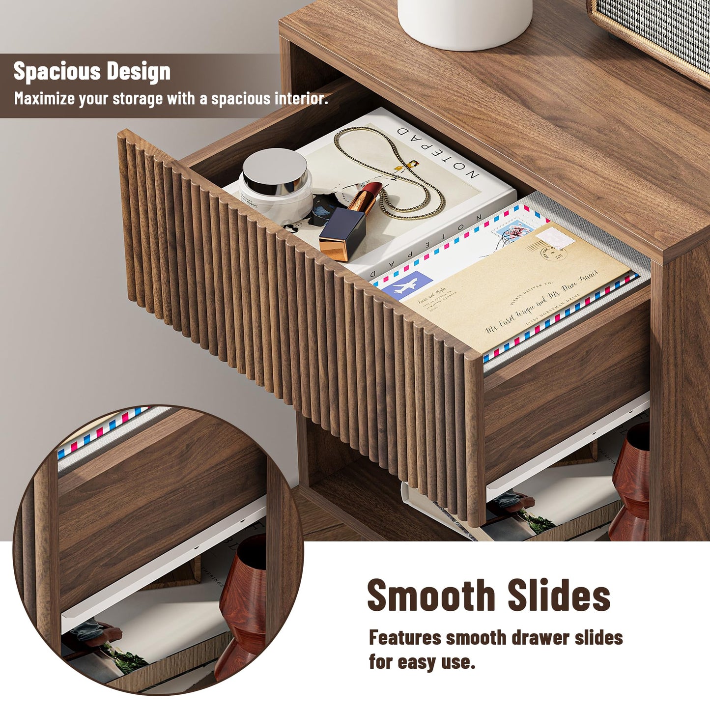 Nightstand, Modern Bedside Table with Storage Drawers and Open Wood Shelf, Night Stand with Solid Wood Legs, End Tables Side Tables for Living Room, Bedroom Walnut