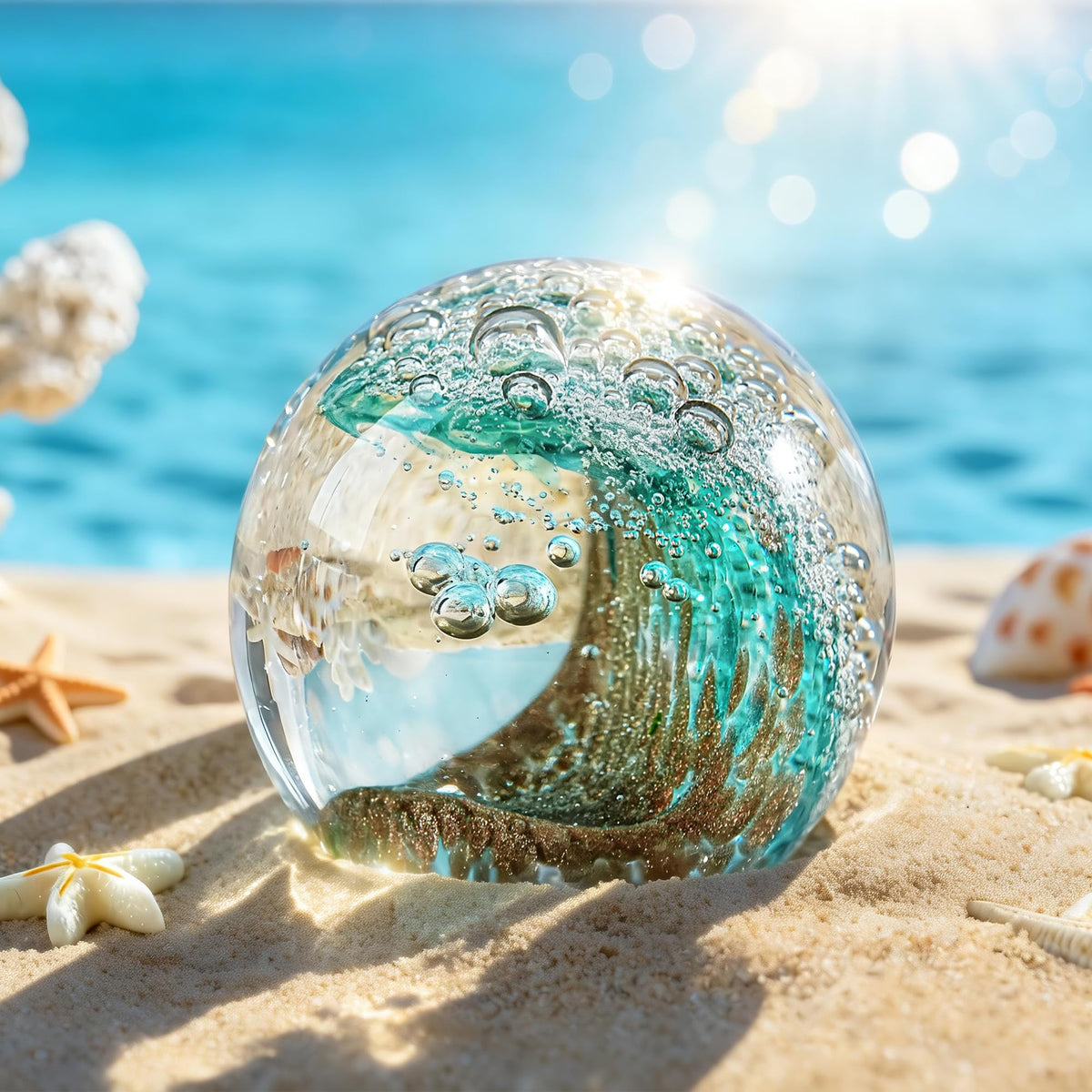 H&D HYALINE & DORA 2.3 Inch Hand Blown Crystal Ball Ocean Waves Glass Ball Paperweight Aquarium Office Decorative Balls Ocean Lovers Gifts(Green)